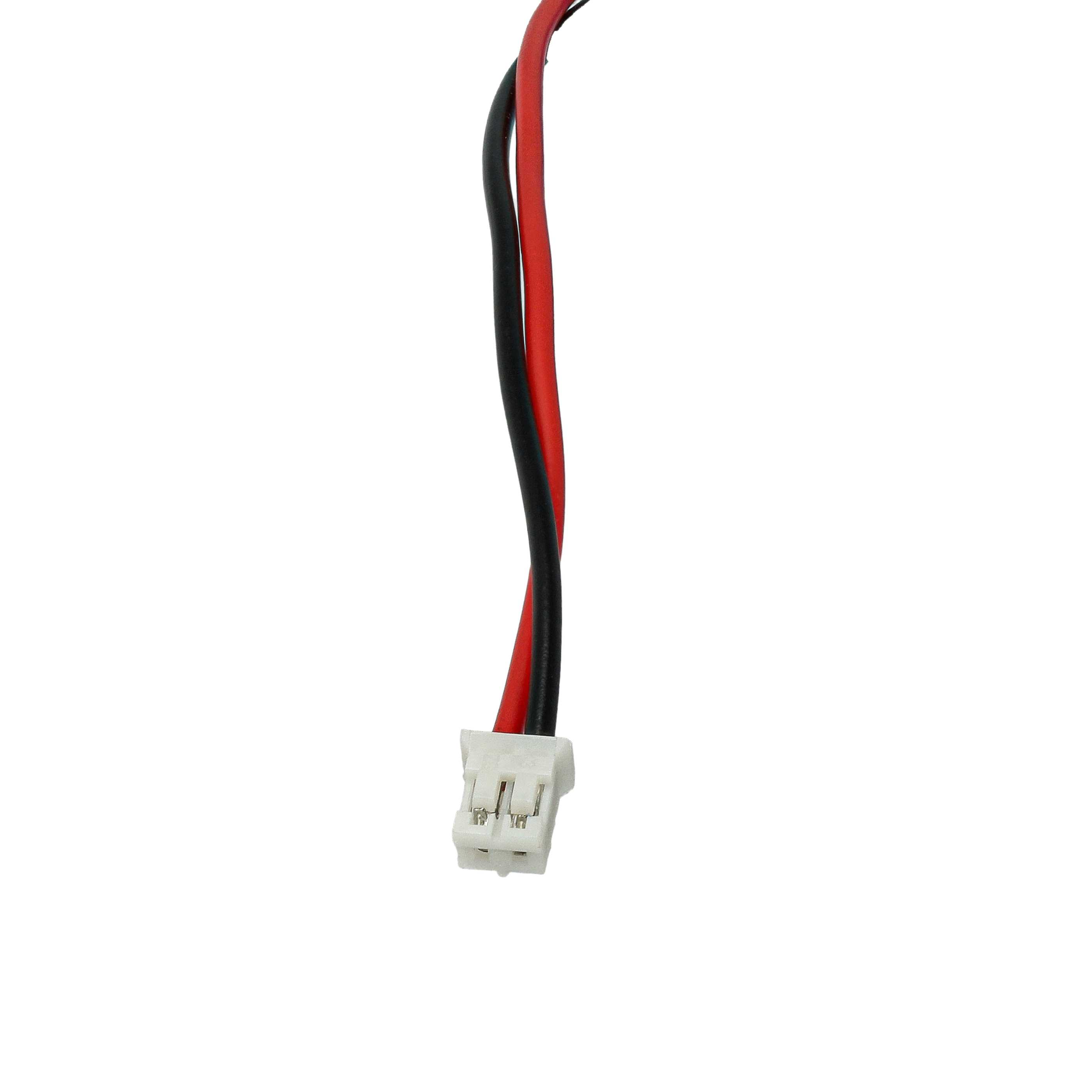 Ein elektrischer Stecker mit roten und schwarzen Drähten auf weißem Hintergrund.