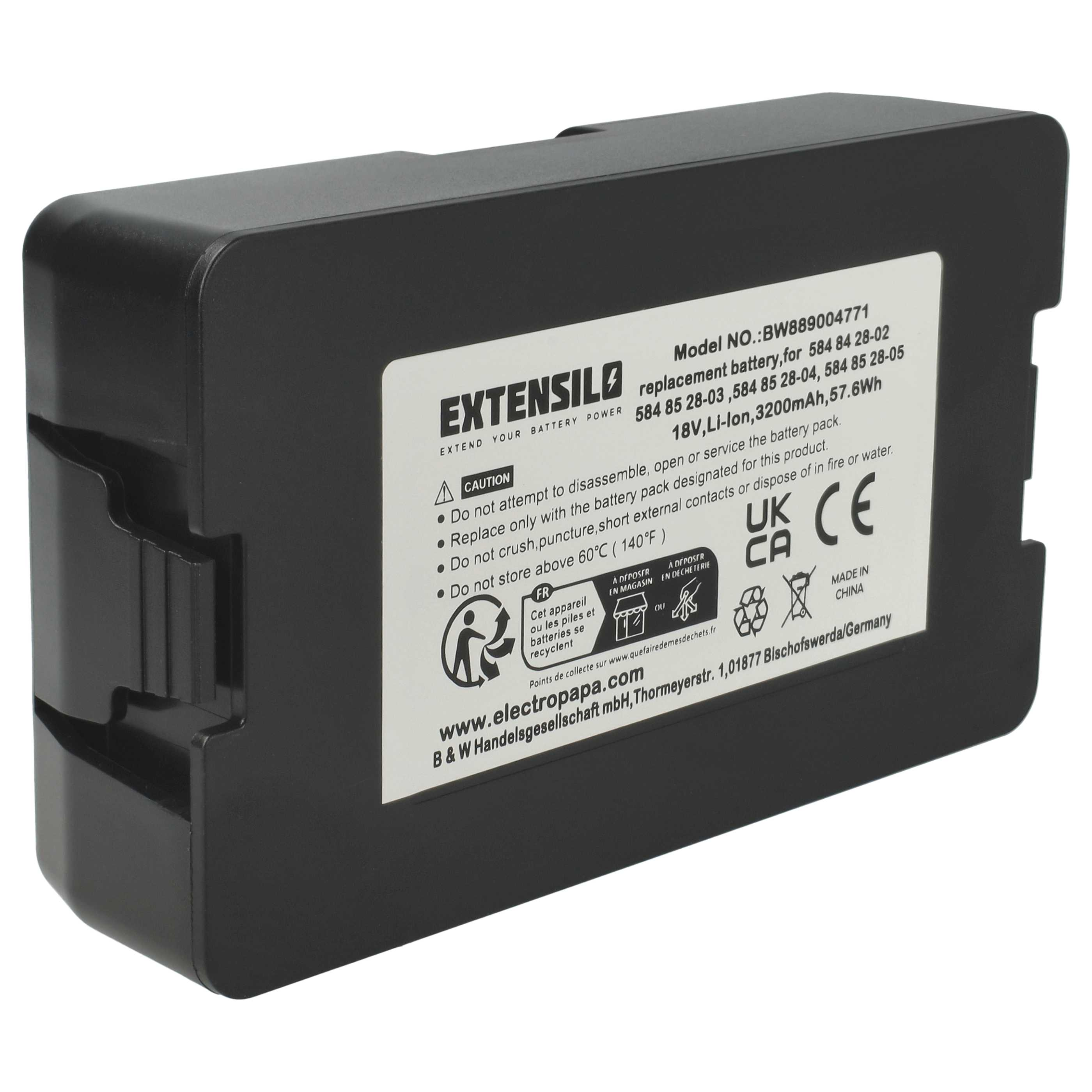 Ein schwarzes Akkupack mit weißem Etikett. Es hat Text und Warnungen. Der Markenname ist EXTENSILO.