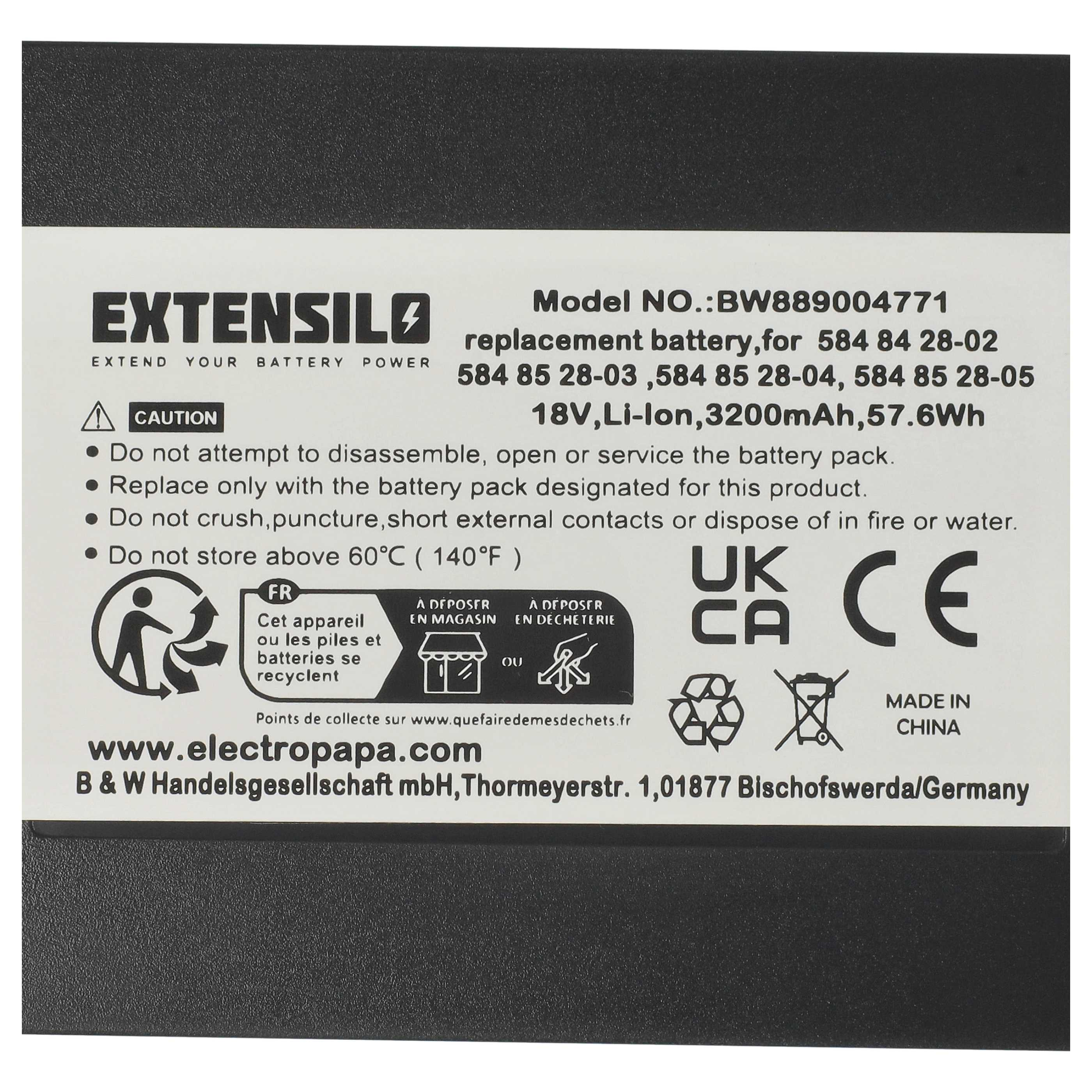 Ein Batterieetikett mit Text, Warnungen und Recycling-Symbolen. Es enthält Modellnummer, Spannung und Herstellerangaben.