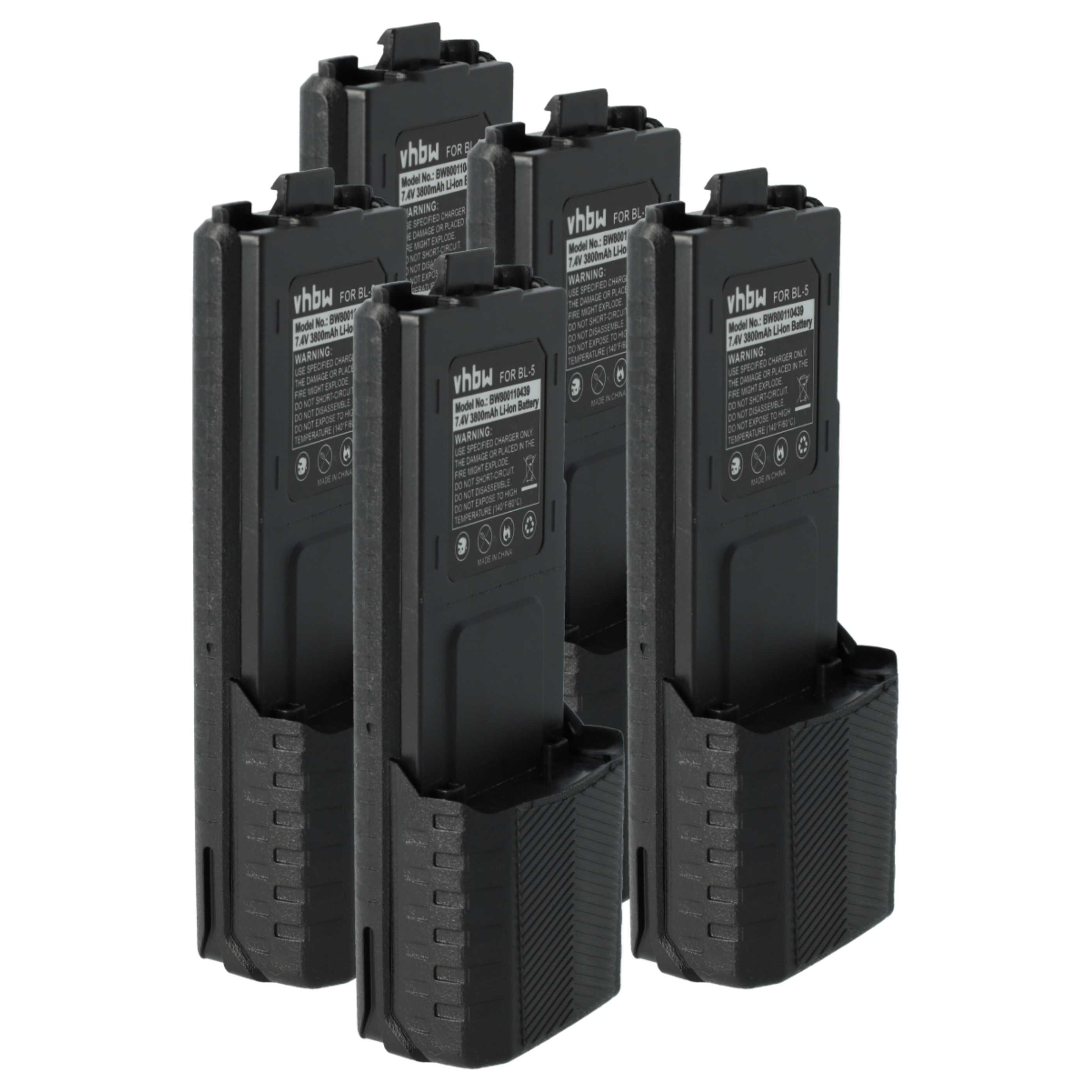 Fünf schwarze Batterien mit weißen Etiketten in schwarzen Haltern vor weißem Hintergrund.
