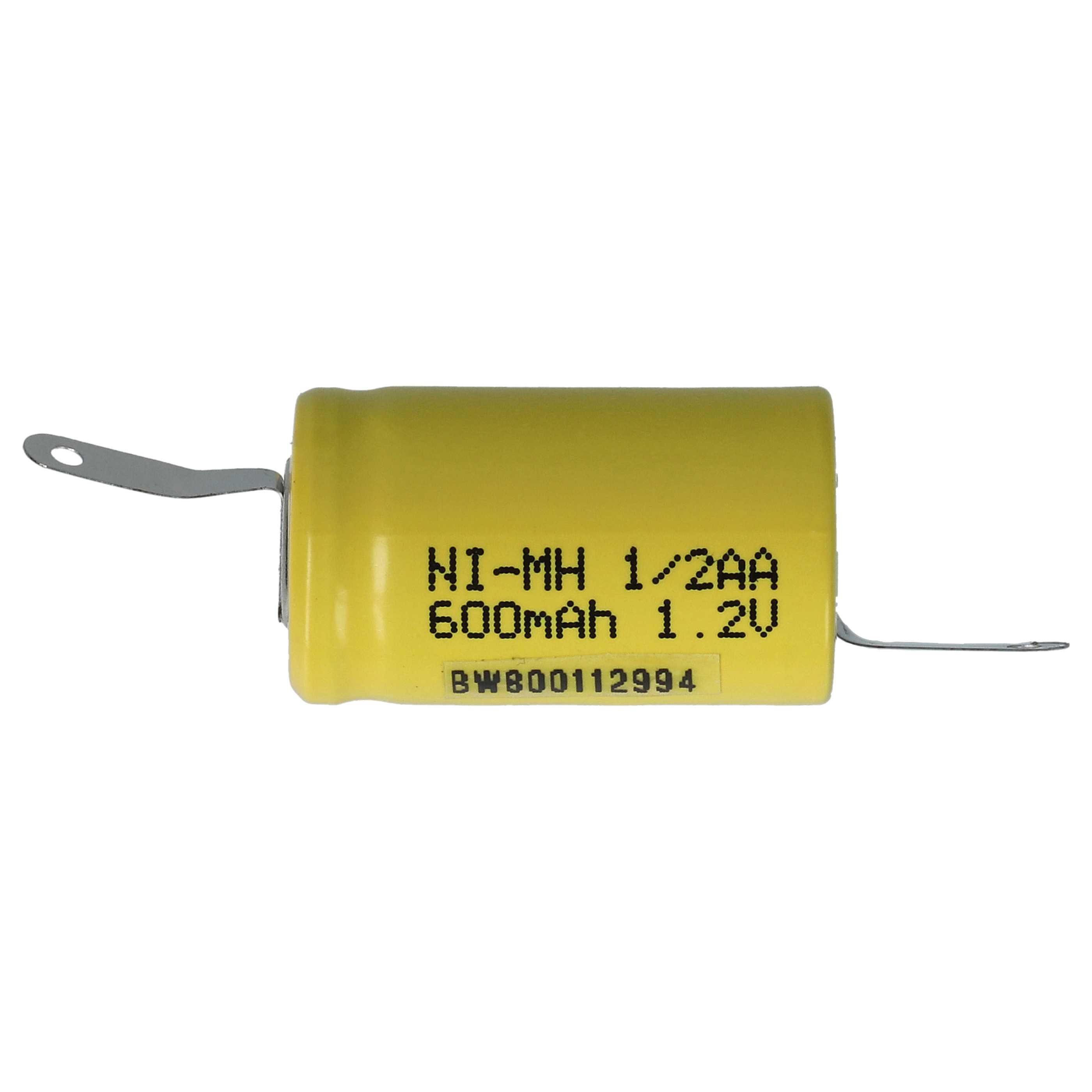 Gelbe Ni-MH-Batterie mit Metalllaschen. Text: NI-MH 1/2AA 600mAh 1,2V. Modellnummer BW800112994.