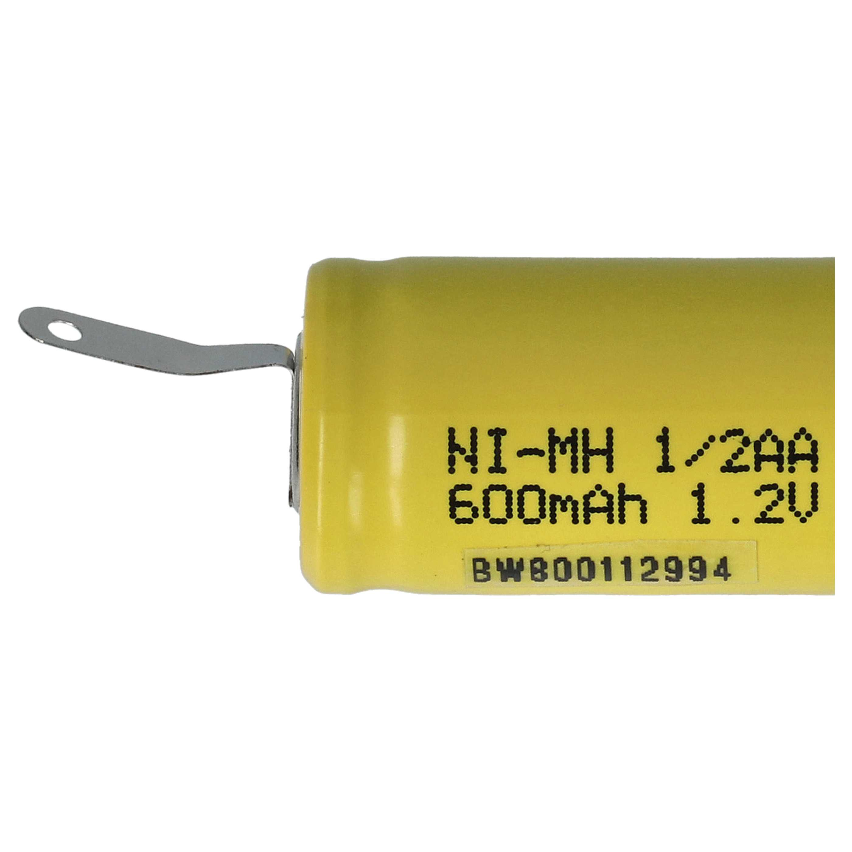 Gelbe Batterie mit Text: NI-MH 1/2AA 600mAh 1.2V und Metallanschluss.