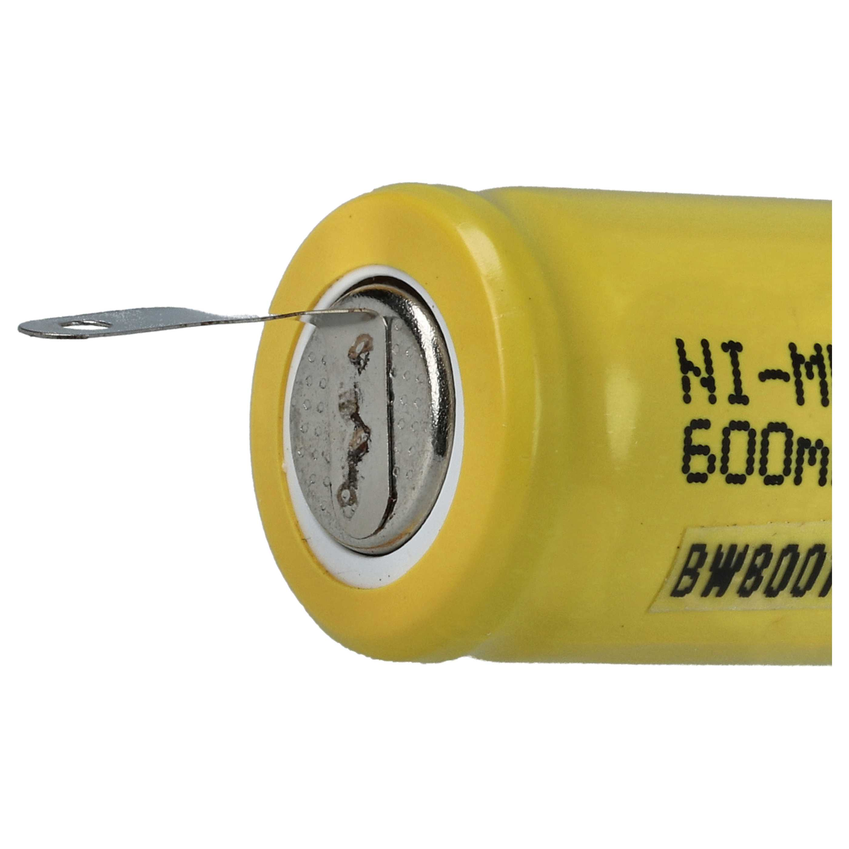 Eine gelbe Batterie mit einem Metallanschluss, der sich von der Oberseite erstreckt. Die Batterie hat Text: NI-MH 600m und BW800.