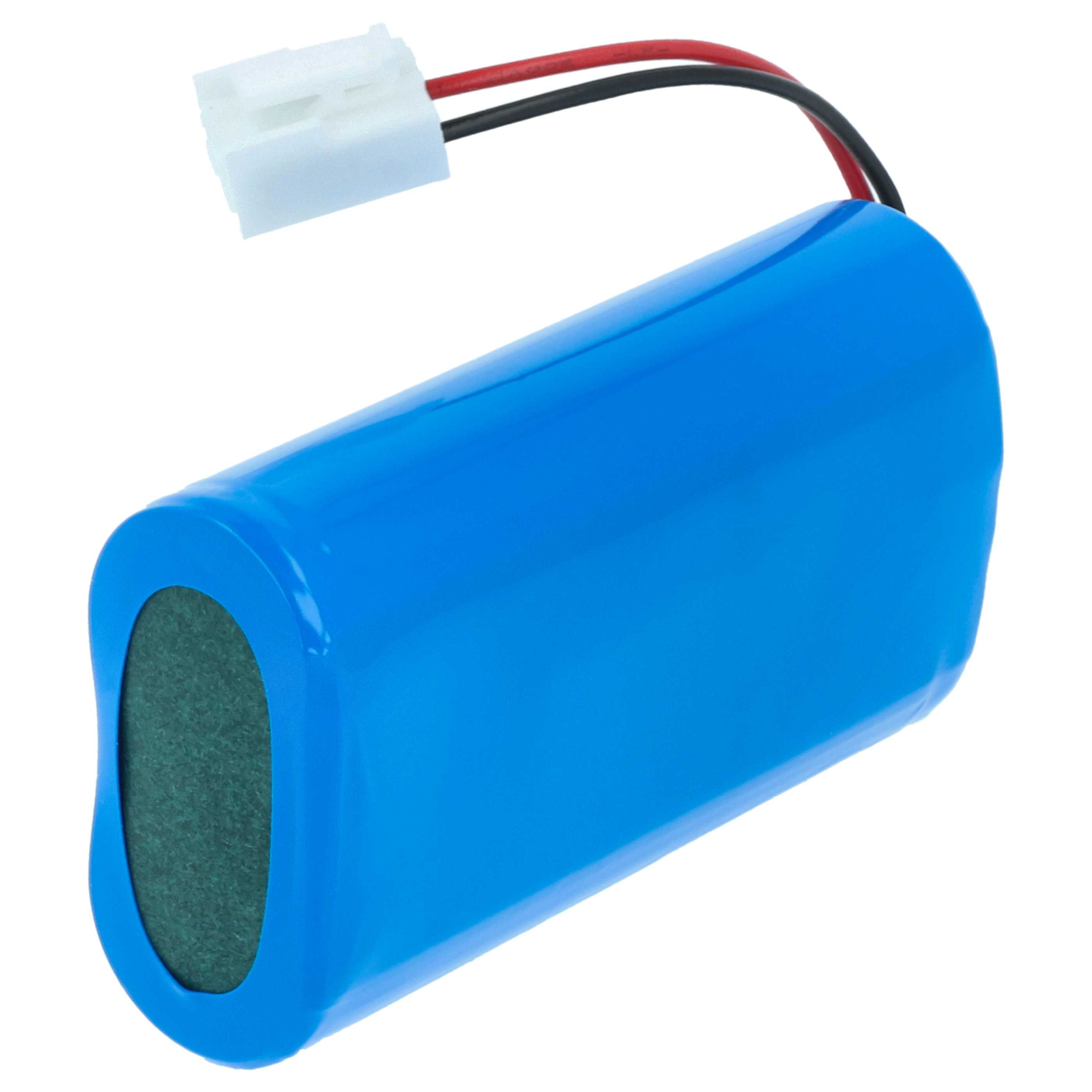 Eine blaue zylindrische Batterie mit einem weißen Stecker und roten und schwarzen Drähten wird vor weißem Hintergrund gezeigt.
