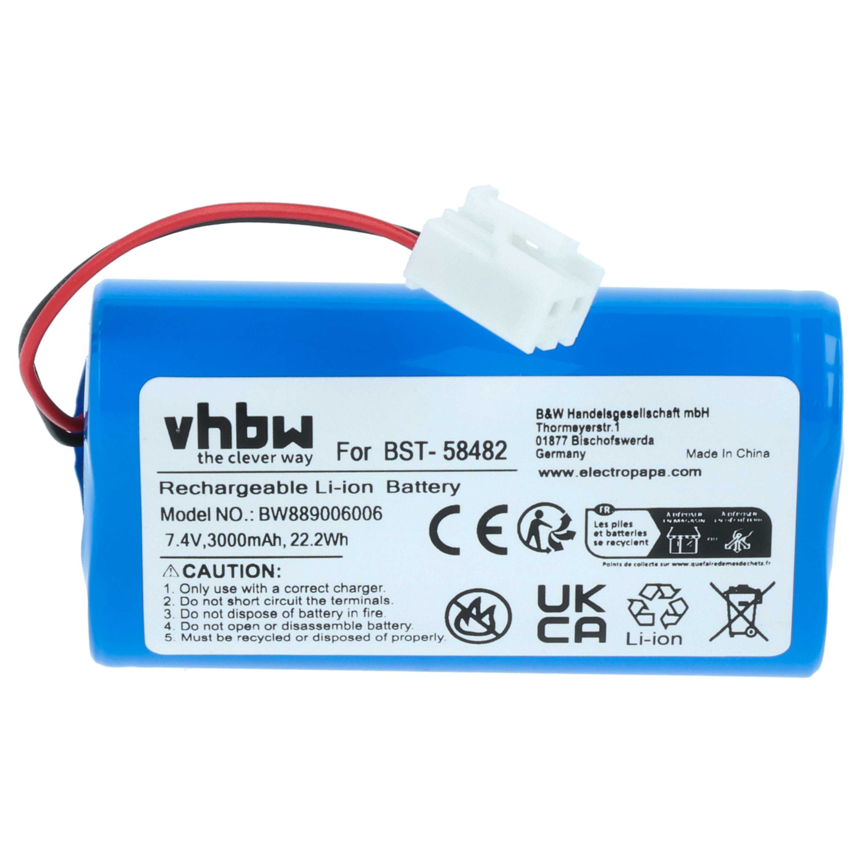Ein blauer, wiederaufladbarer Li-Ionen-Akku mit weißem Stecker und rot/schwarzen Drähten. Text auf dem Akku.