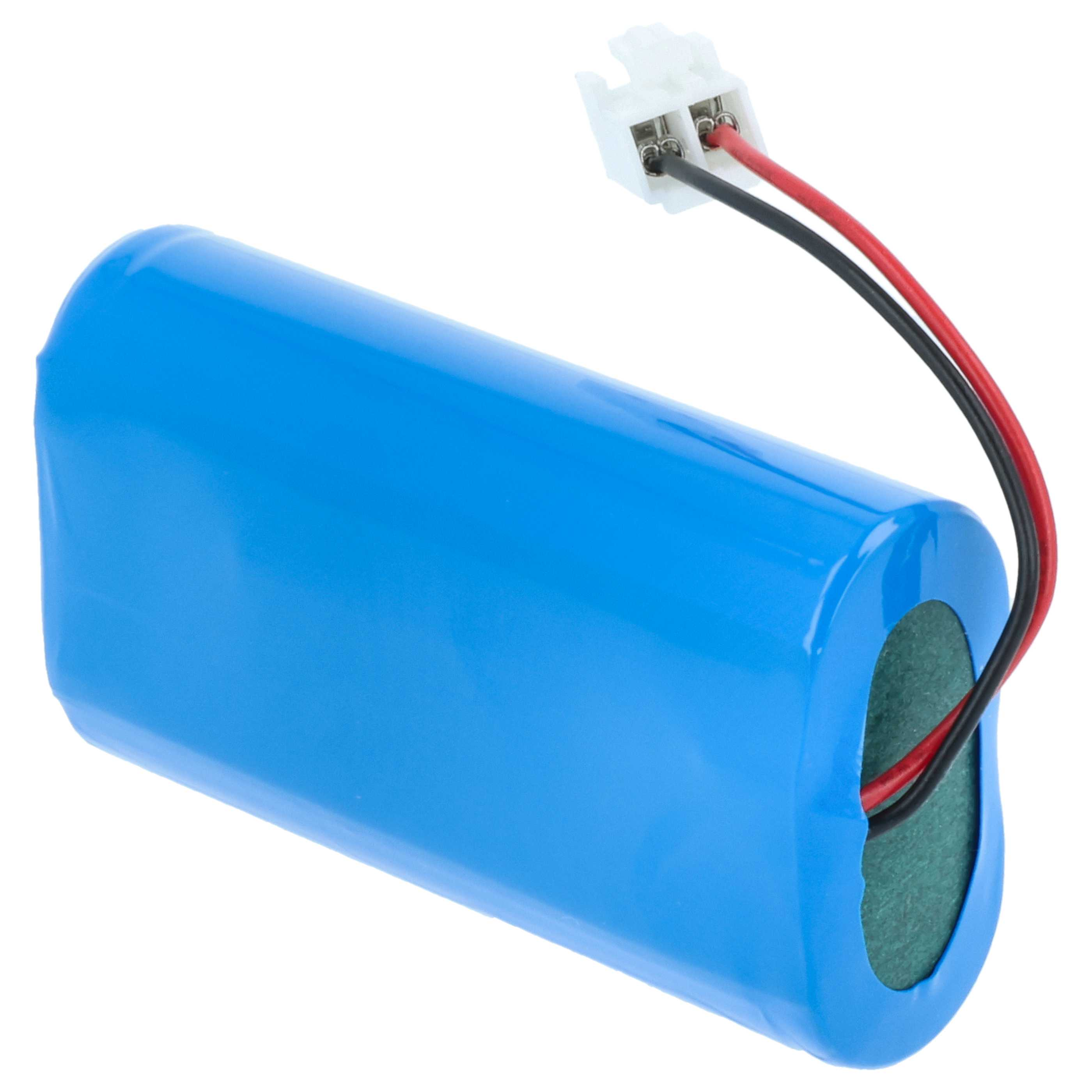 Eine blaue zylindrische Batterie mit einem weißen Stecker. Rote und schwarze Drähte gehen vom Stecker aus.