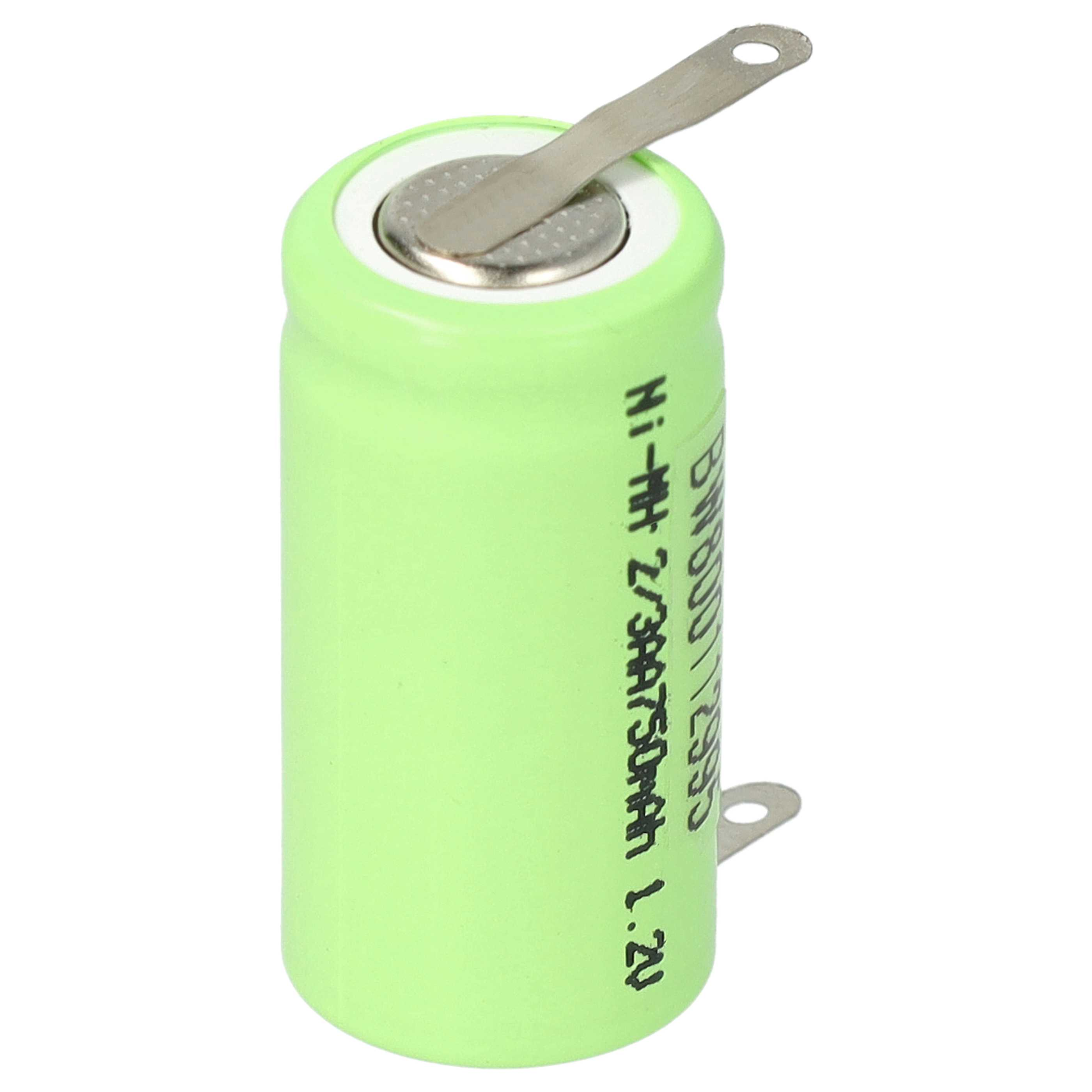 Eine grüne zylindrische Batterie mit einem Metallstreifen, der sich von der Oberseite erstreckt. Die Batterie hat schwarzen Text.