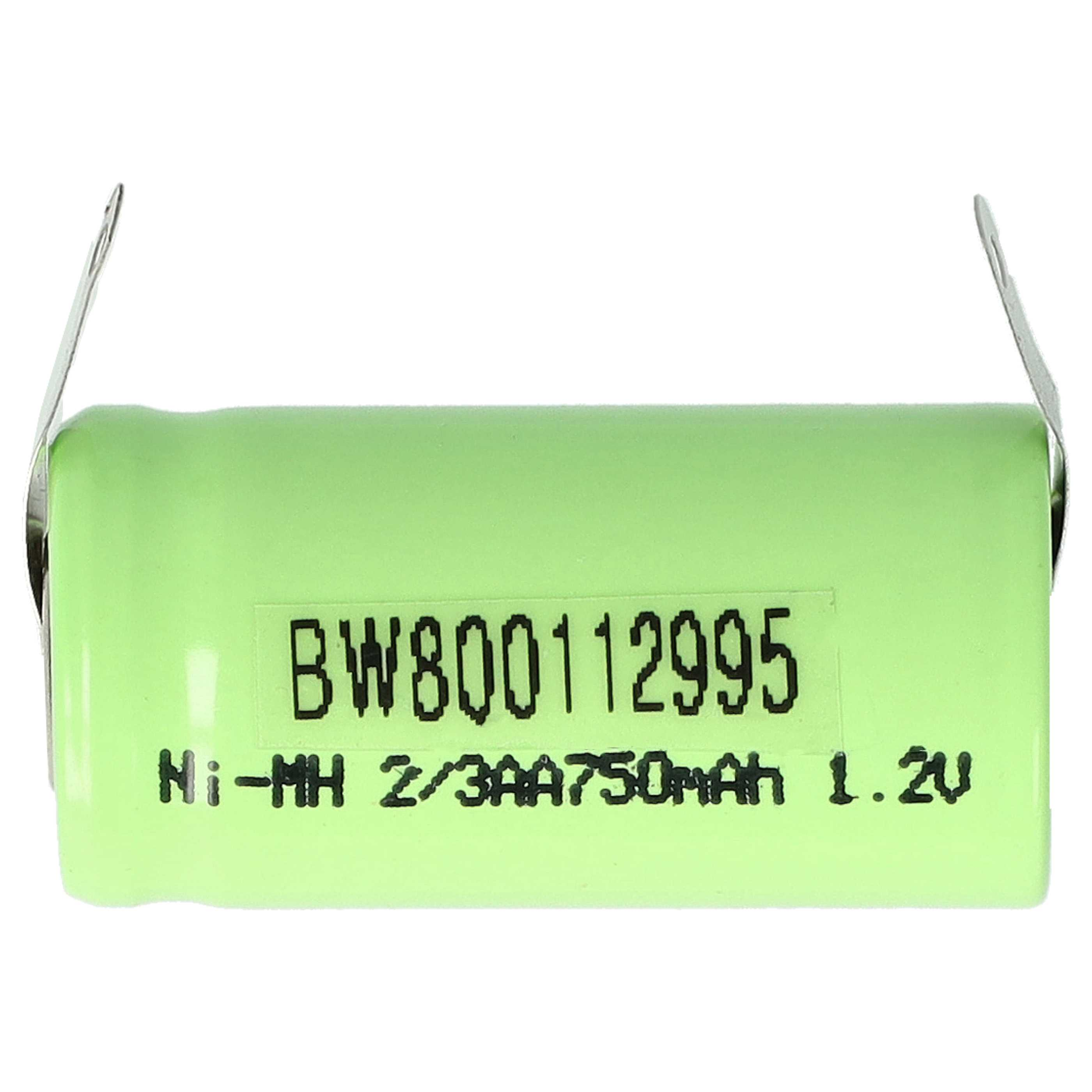 Eine hellgrüne Ni-MH-Batterie mit Text: BW800112995, Ni-MH 2/3AA750mAh 1,2V. Metalllaschen oben.