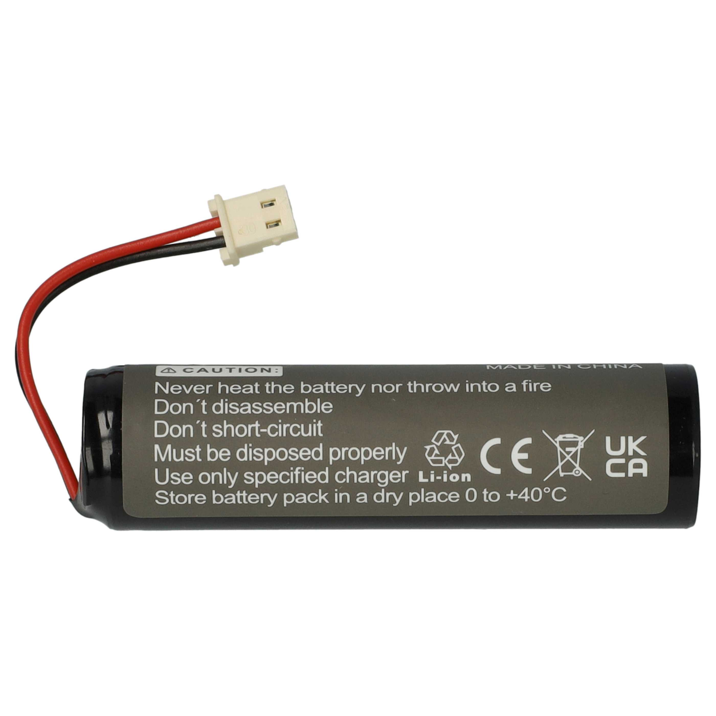 Ein zylindrischer Akku mit angeschlossenen Drähten und einem Stecker. Er hat Warnhinweise und ein Recyclingsymbol.