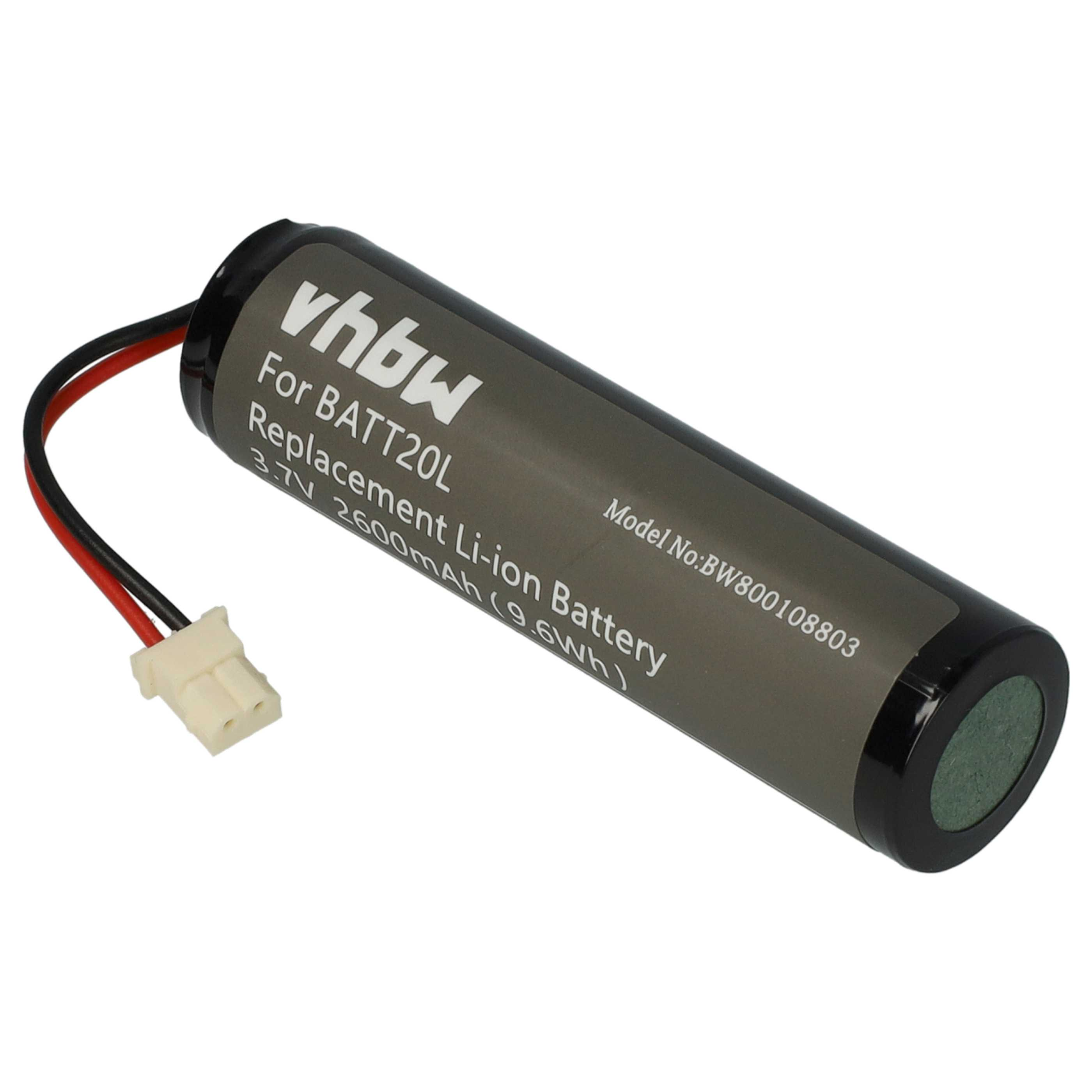 Eine zylindrische Batterie mit einem schwarz-grauen Etikett, Drähten und einem weißen Stecker. Auf dem Etikett steht 'vhbw'.