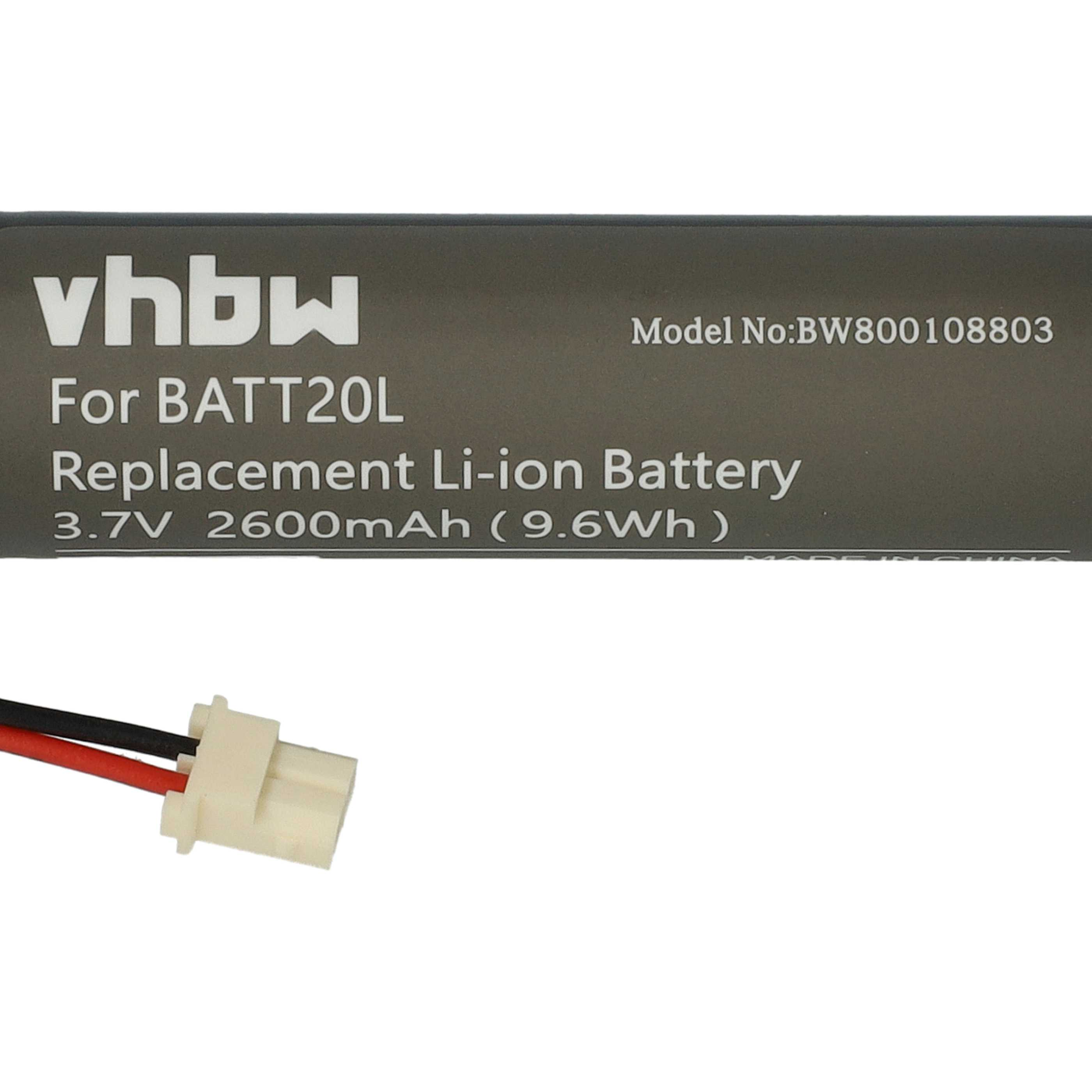 Ein Akku mit der Aufschrift vhbw, For BATT20L, Replacement Li-ion Battery, 3.7V 2600mAh. Ein Stecker und Drähte sind vorhanden.