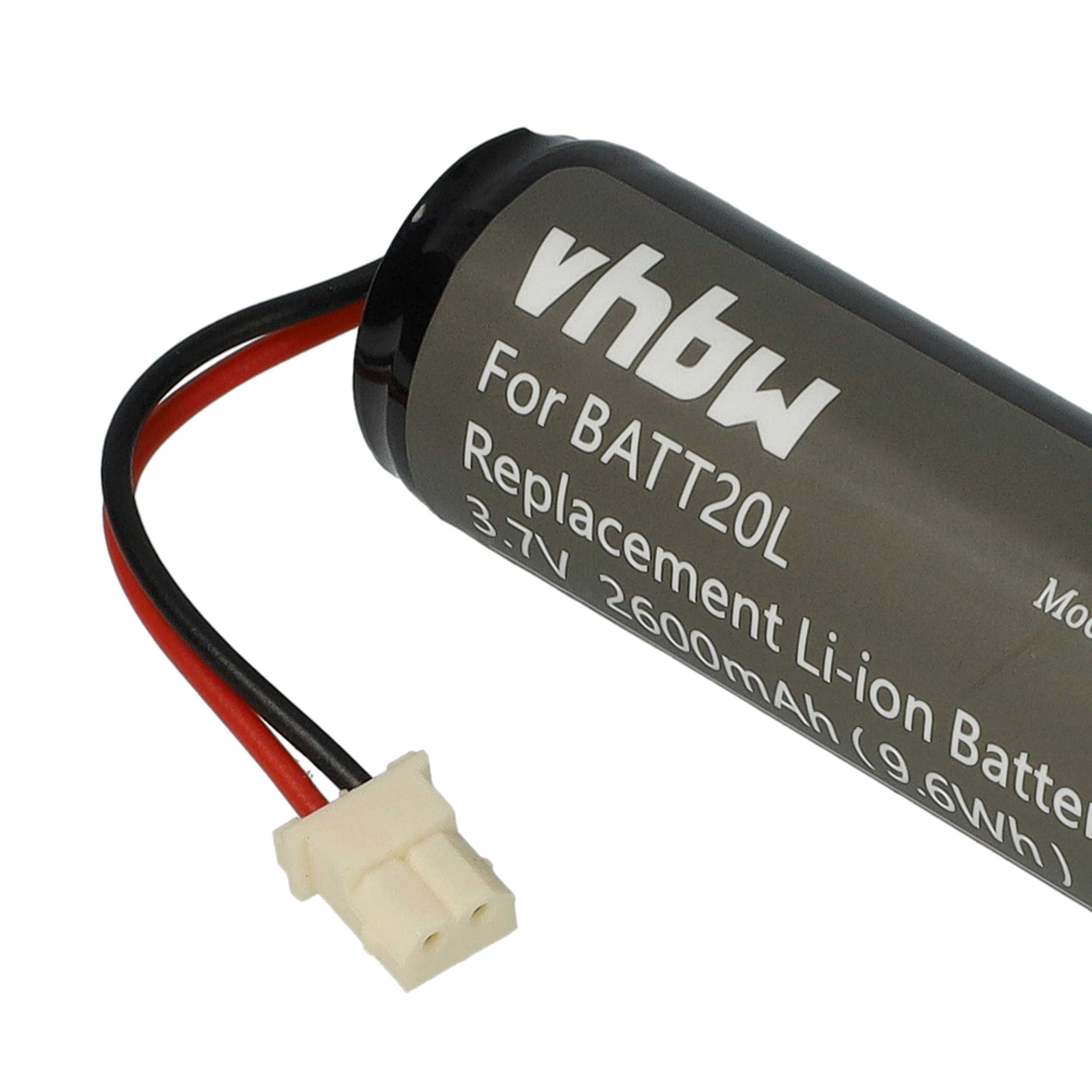Ein Akku mit schwarzen und roten Drähten, einem weißen Stecker und Text auf der Seite mit der Aufschrift 'For BATT20L Replacement Li-ion Battery'.