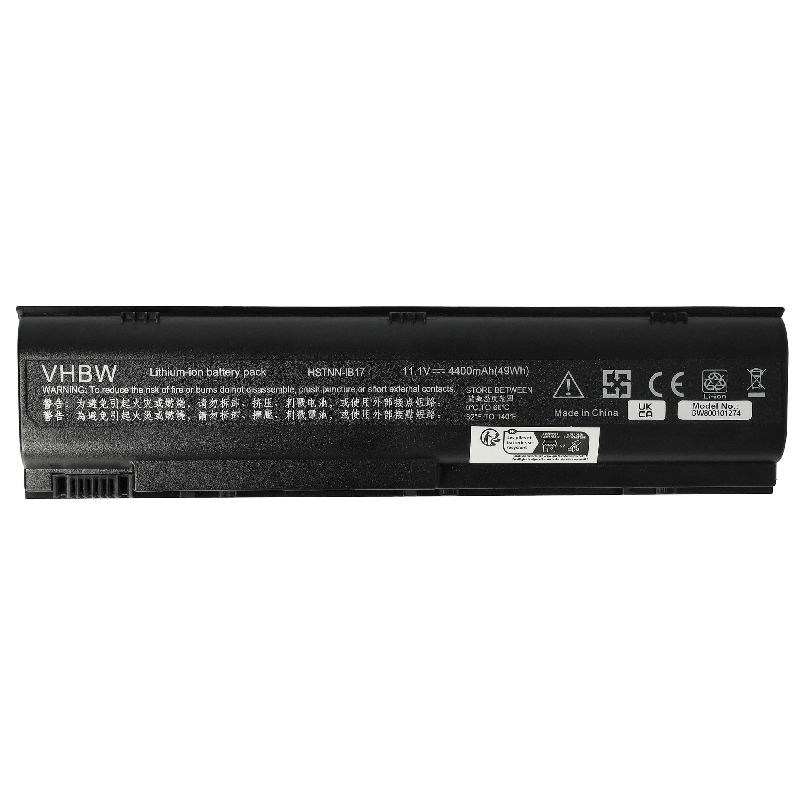 Schwarzer Laptop-Akku mit Warnhinweisen, Modellinformationen und Sicherheitssymbolen. Text enthält 'Lithium-Ionen-Akkupack'.