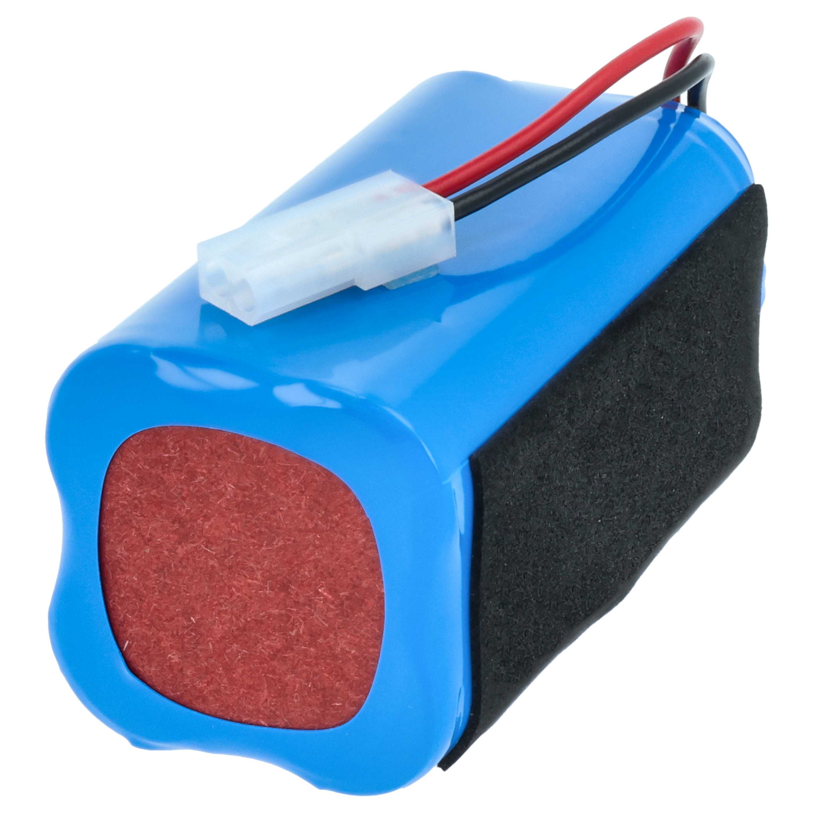 Ein blauer Akku mit roten und schwarzen Drähten, einem weißen Stecker und einem schwarzen Schaumstoffstreifen.