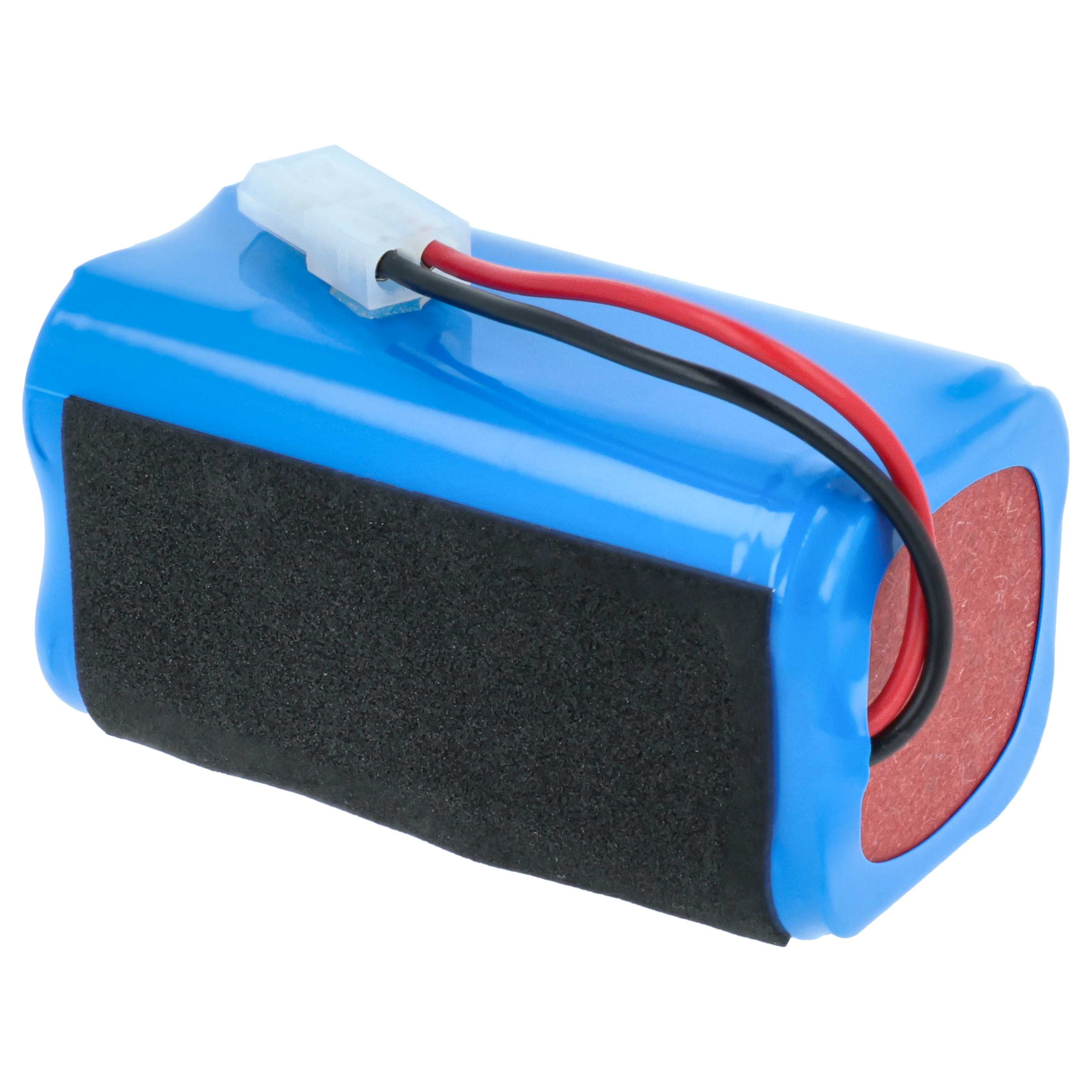 Ein blaues Batteriepack mit schwarzen und roten Drähten und einem weißen Stecker. Es hat einen schwarzen Schaumstoffstreifen.