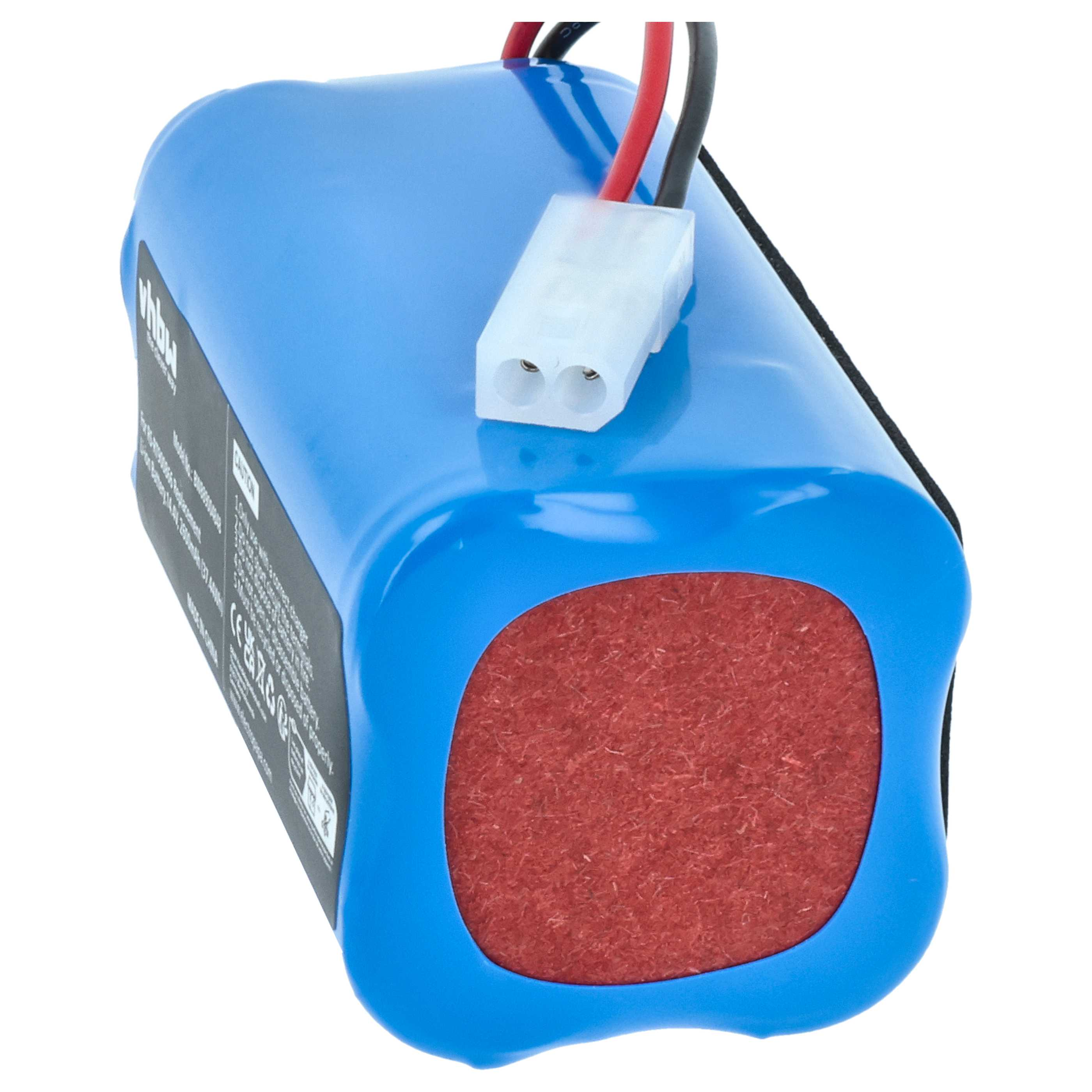 Blaue Batterie mit rotem Ende, weißem Stecker und schwarzen und roten Drähten. Mit Produktinformationen beschriftet.
