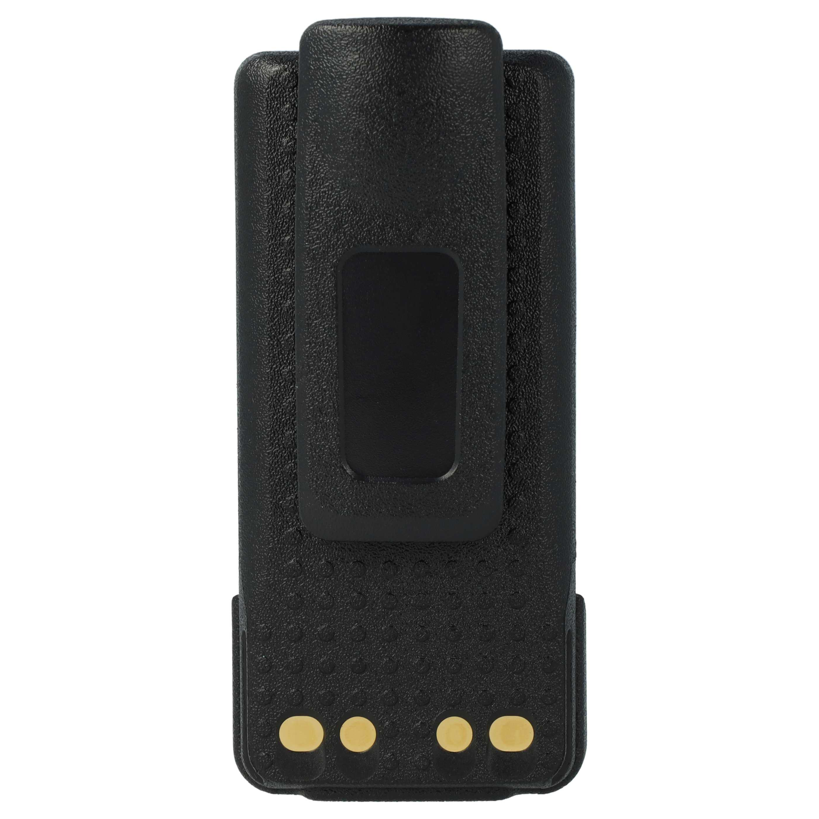 Ein schwarzes Funkbatteriepack mit Gürtelclip. Es hat drei goldene Kontaktpunkte unten.