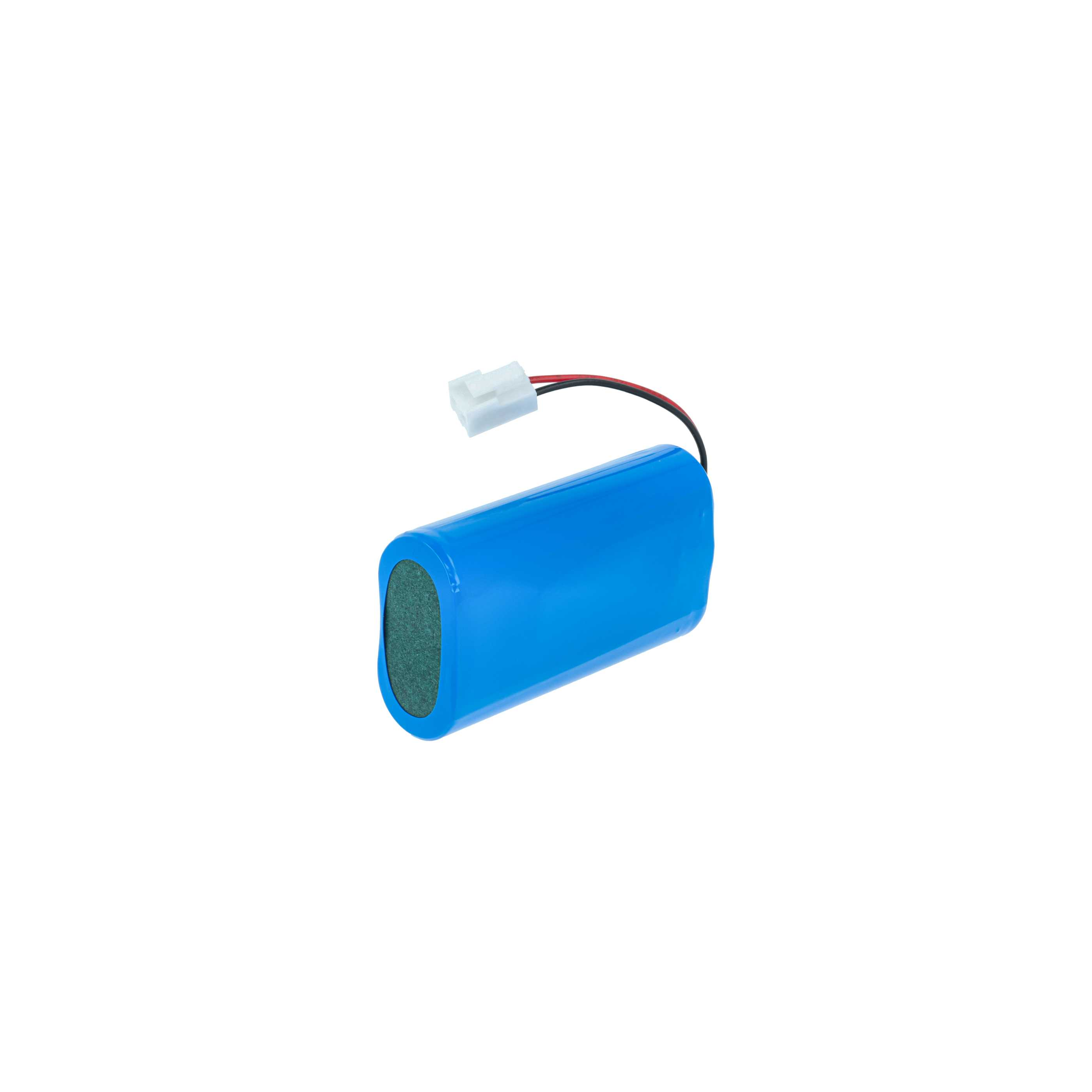 Eine blaue zylindrische Batterie mit einem weißen Stecker und Drähten auf weißem Hintergrund.