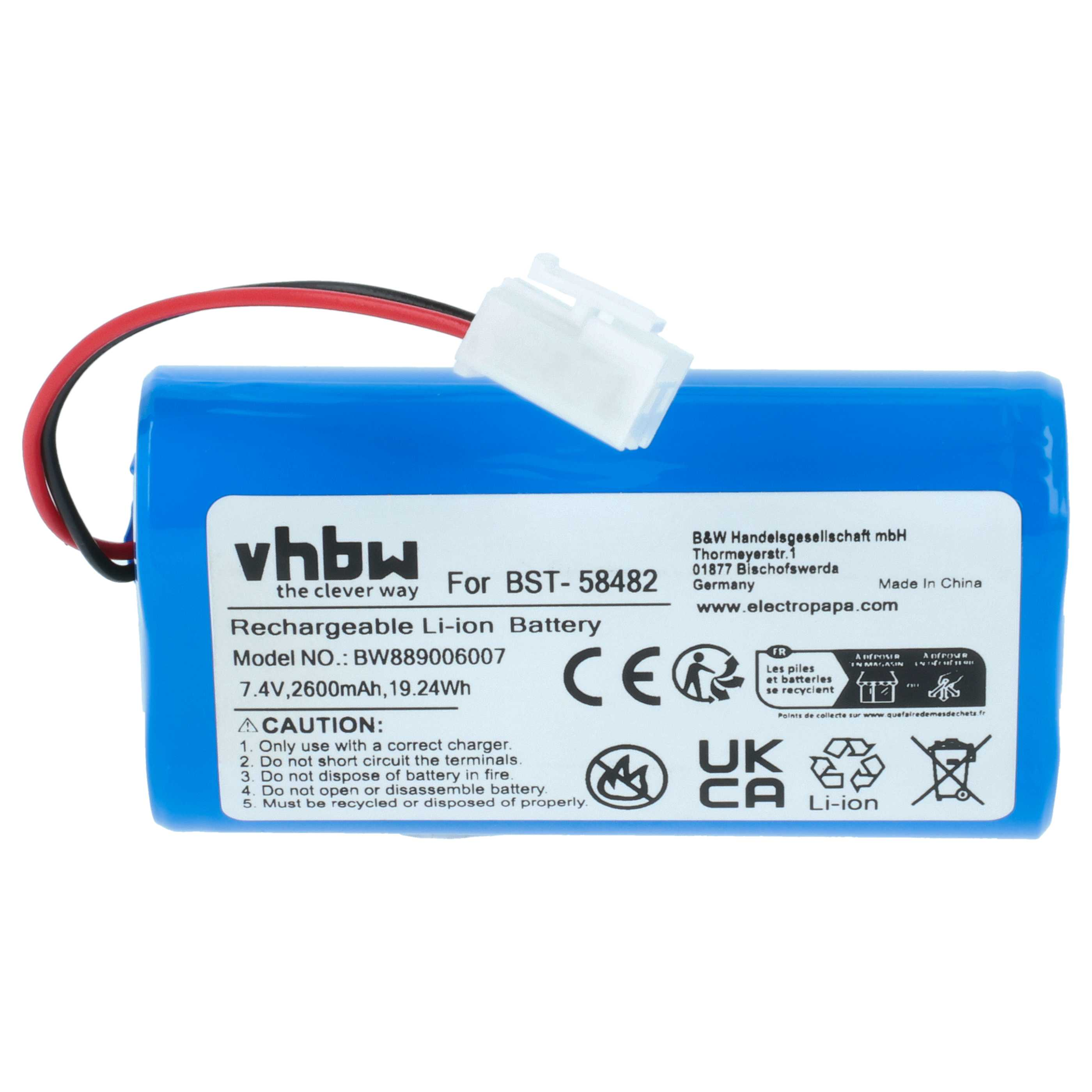 Blaue, wiederaufladbare Li-Ionen-Batterie mit weißem Stecker und rot/schwarzen Drähten. Text auf der Batterie zeigt Spezifikationen und Warnungen.