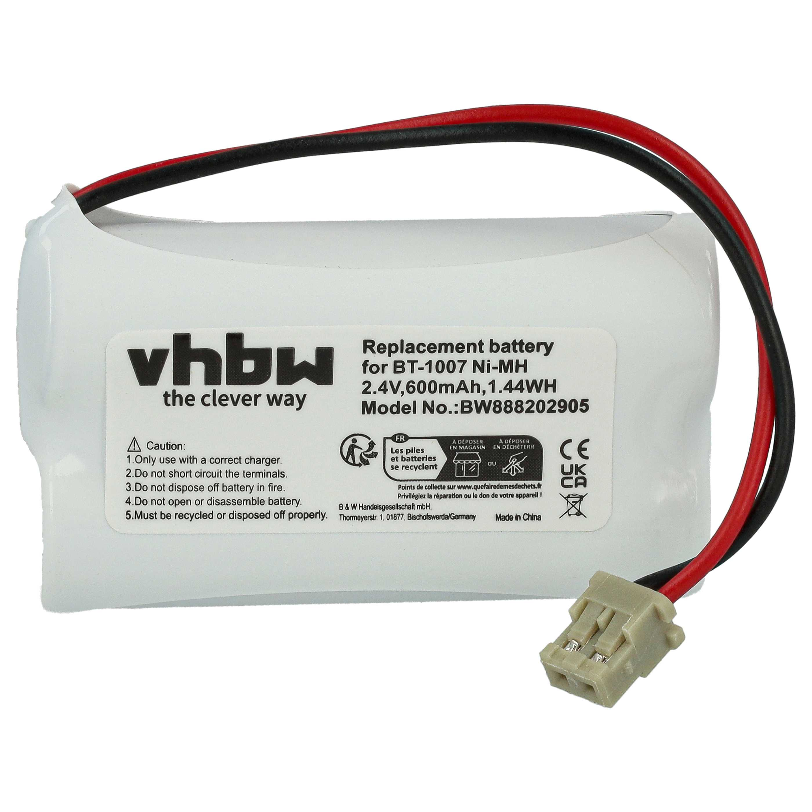 Weißer Akku mit roten und schwarzen Drähten. Er hat einen Stecker und Text, darunter 'vhbw' und 'Ersatzbatterie'.