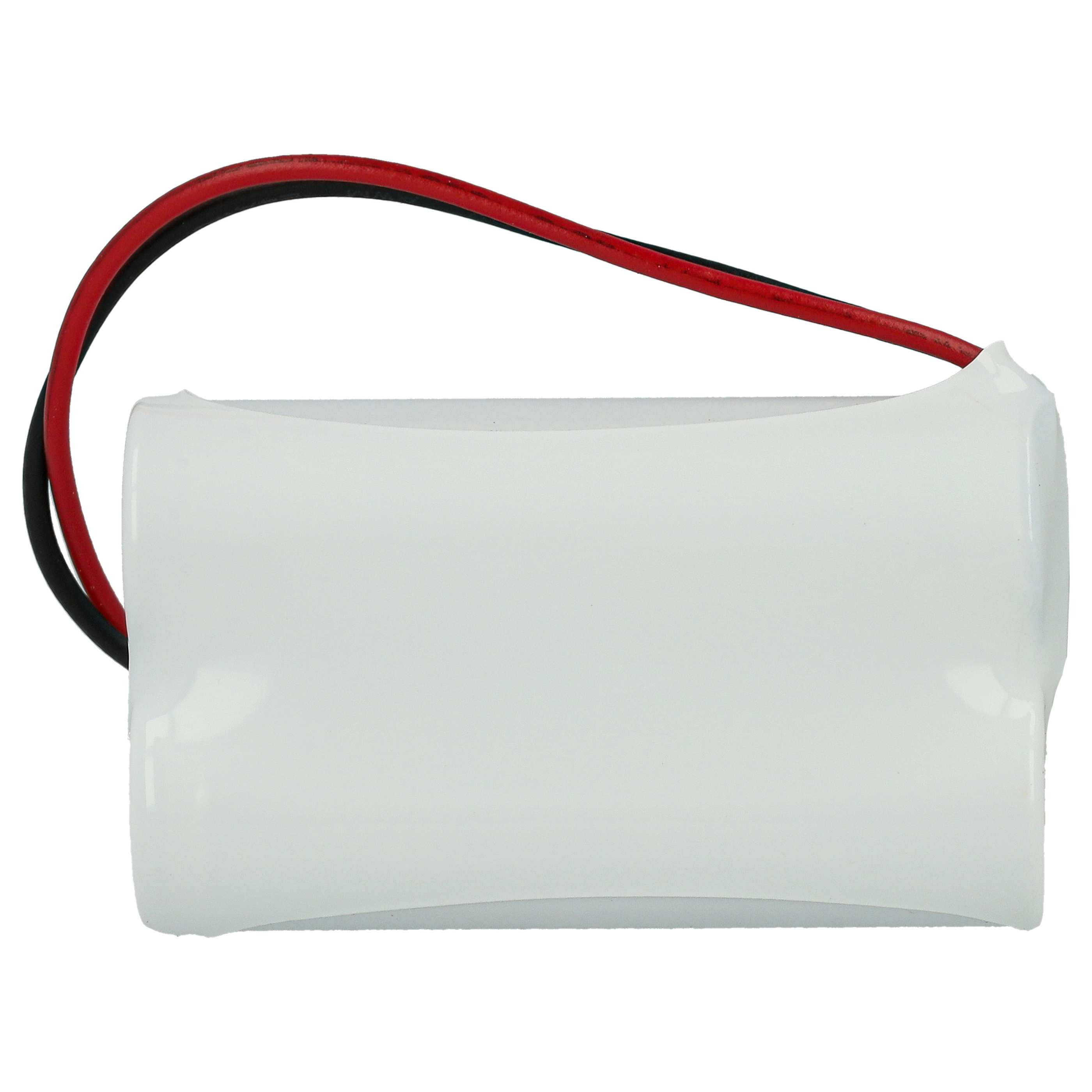 Eine weiße Batterie mit schwarzen und roten Drähten. Die Drähte verlaufen über die Oberseite.