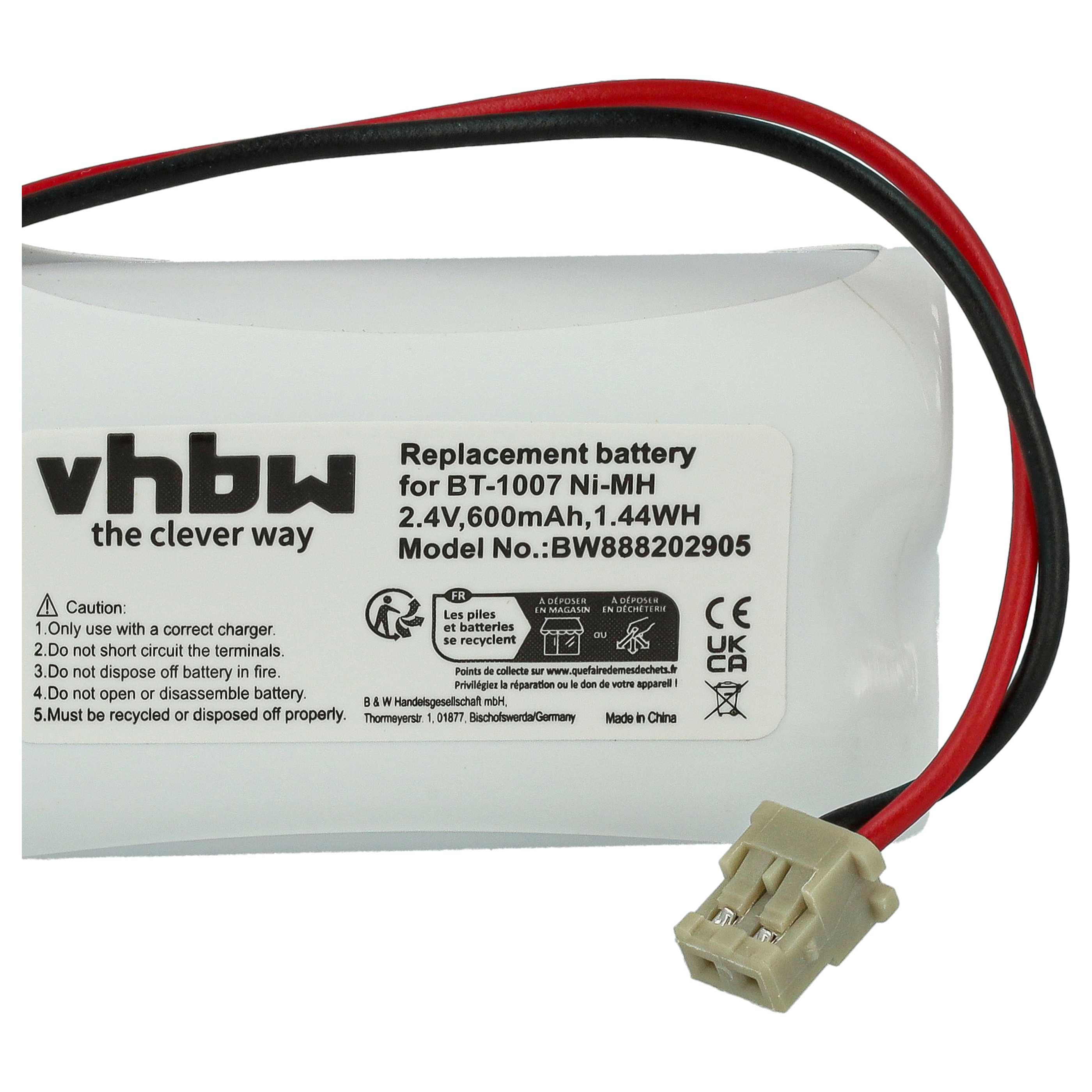 Batteriepack mit Text und Kabeln. Das Pack ist weiß mit schwarzen und roten Drähten und Anschlüssen.