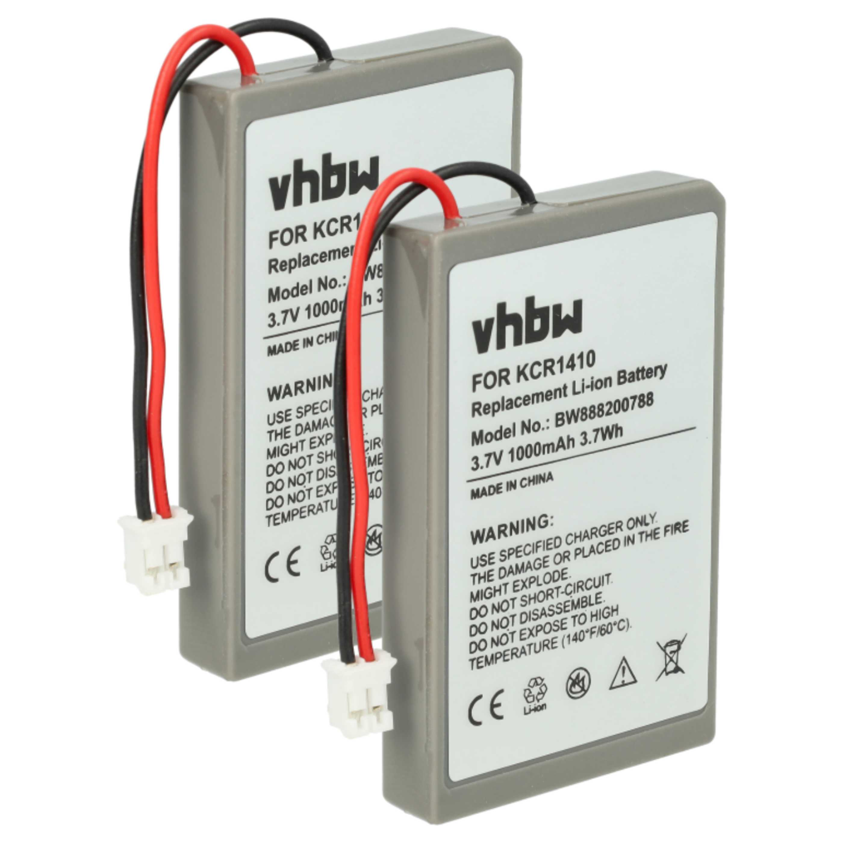 Zwei graue Batterien mit Etiketten und Drähten. Je ein roter und schwarzer Draht. Text enthält Warnungen und Spezifikationen.