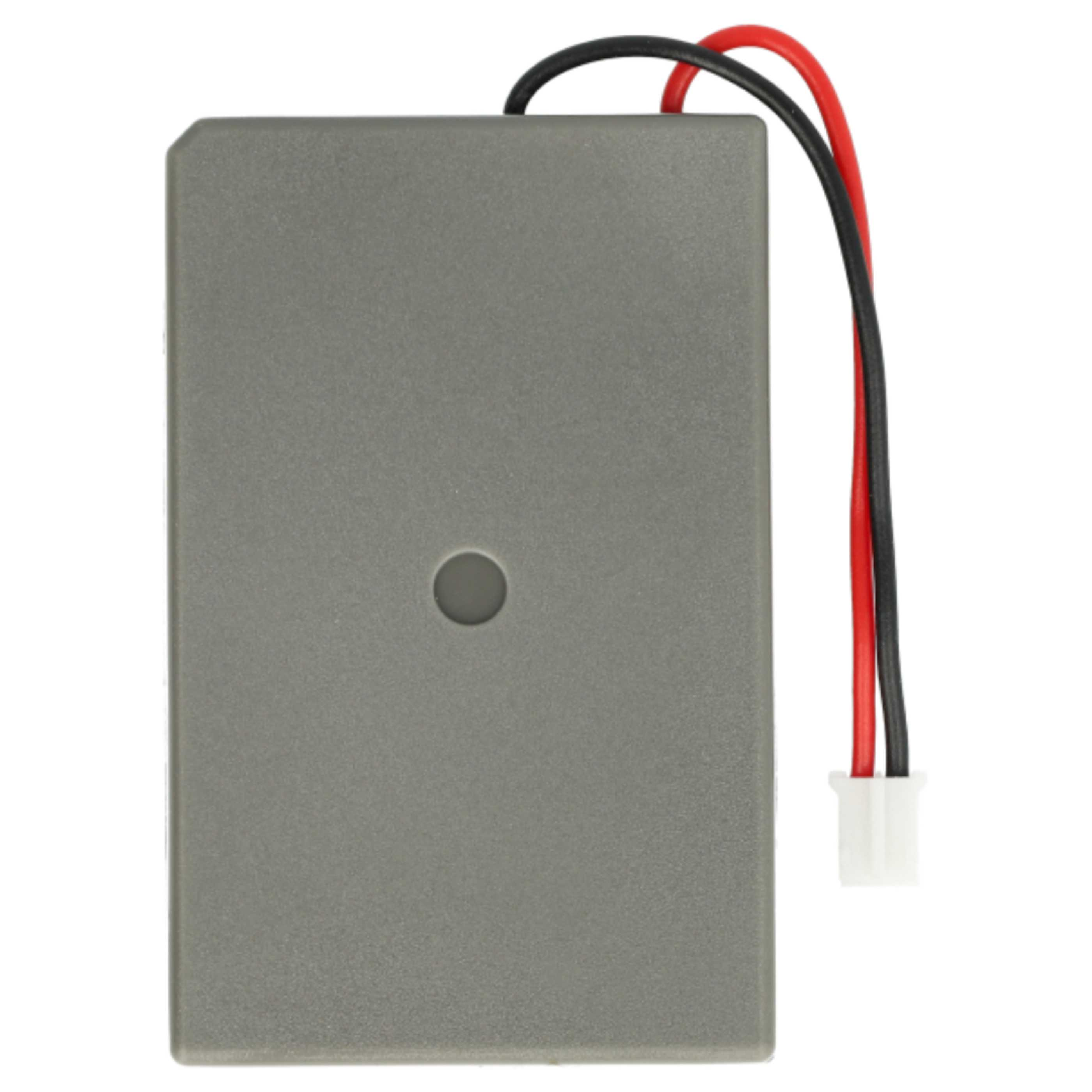 Ein graues rechteckiges Objekt mit einem zentralen Loch, schwarzen und roten Drähten und einem weißen Stecker. Isoliert auf Weiß.