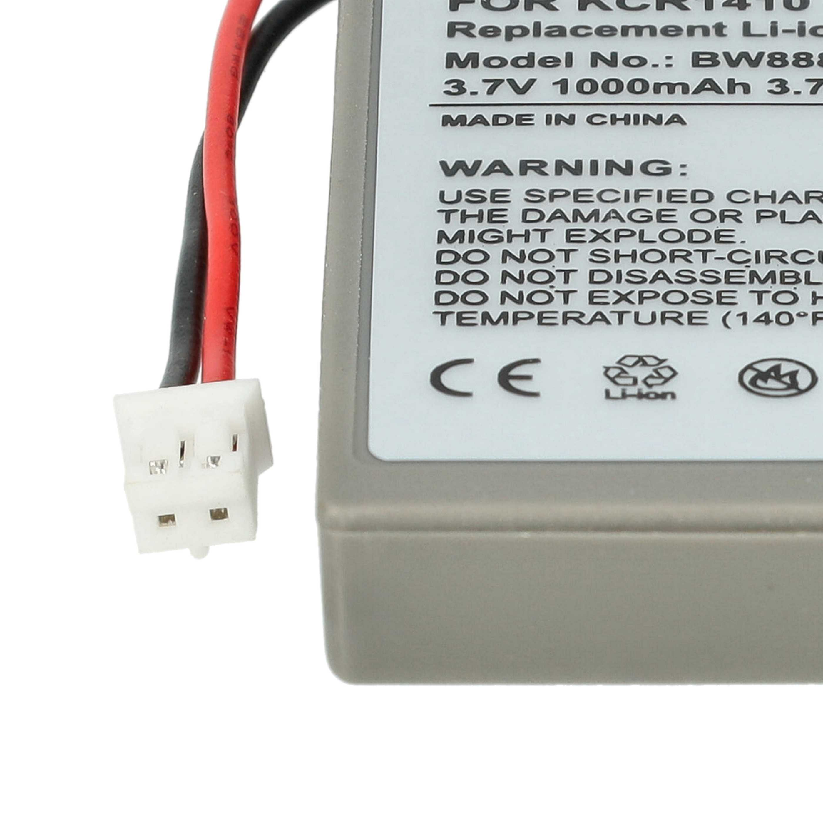 Nahaufnahme einer Batterie mit weißem Stecker, roten und schwarzen Drähten. Batterie hat Warnungen und Spezifikationen.