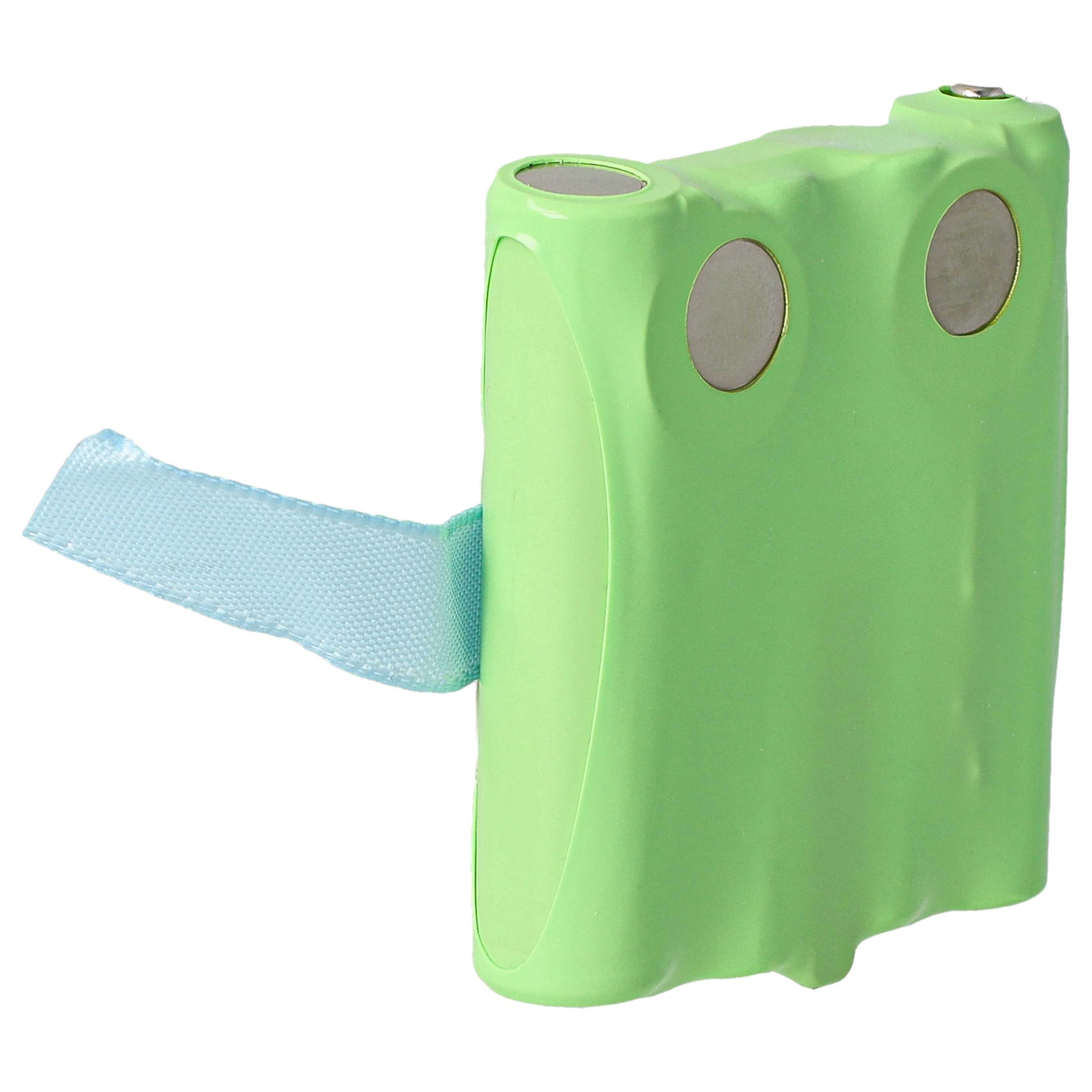 Ein grünes Batteriepack mit drei metallischen Kreisen und einem hellblauen Riemen, der sich von der linken Seite erstreckt.