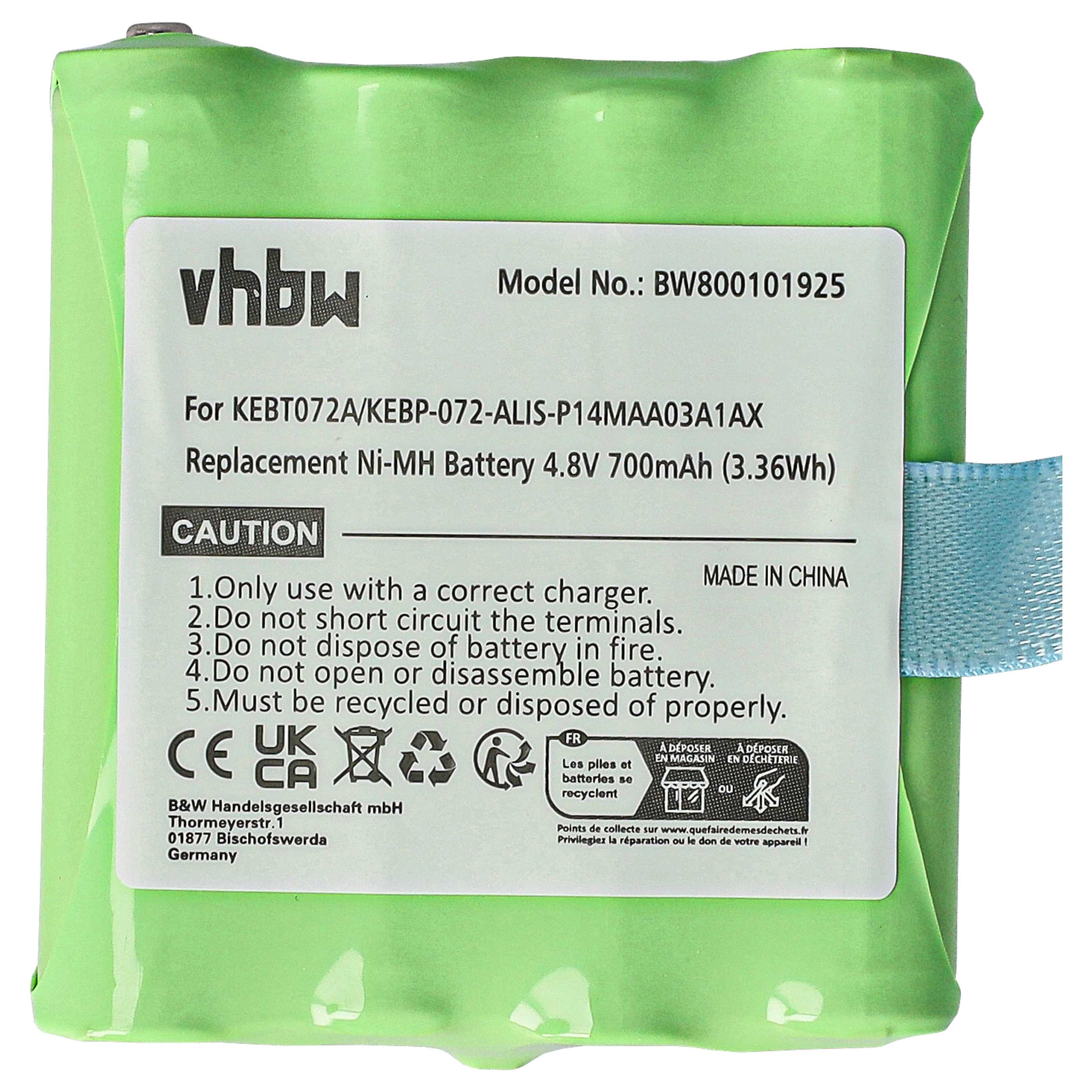 Ein grünes Akku-Pack mit weißen Etiketten. Der Text enthält Modell- und Batterieangaben. Blaue Schleife an der Seite.
