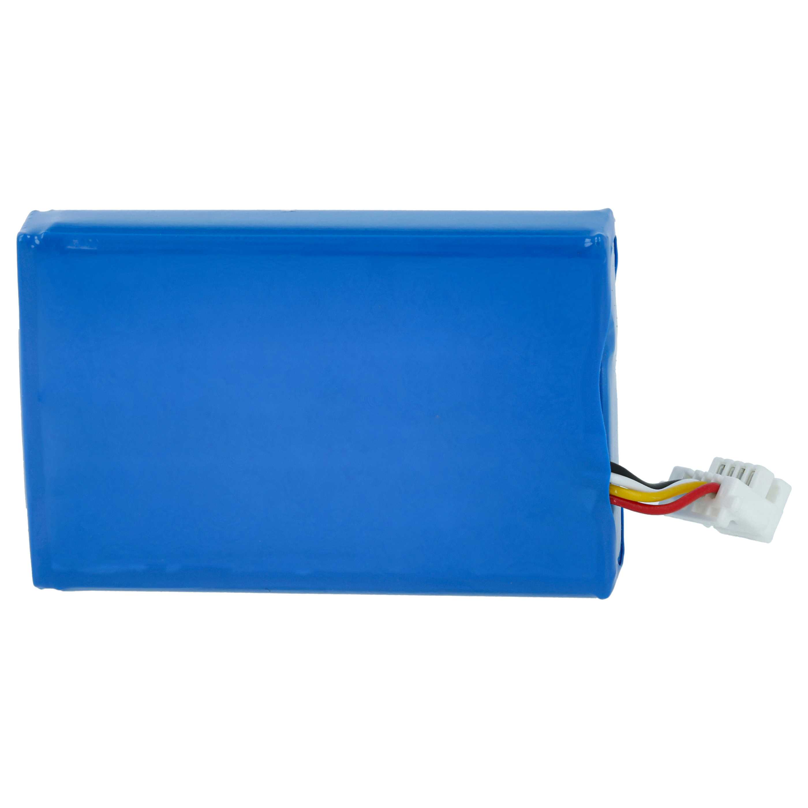 Ein blaues rechteckiges Batteriepack mit farbigen Drähten und einem weißen Stecker. Isoliert auf weißem Hintergrund.