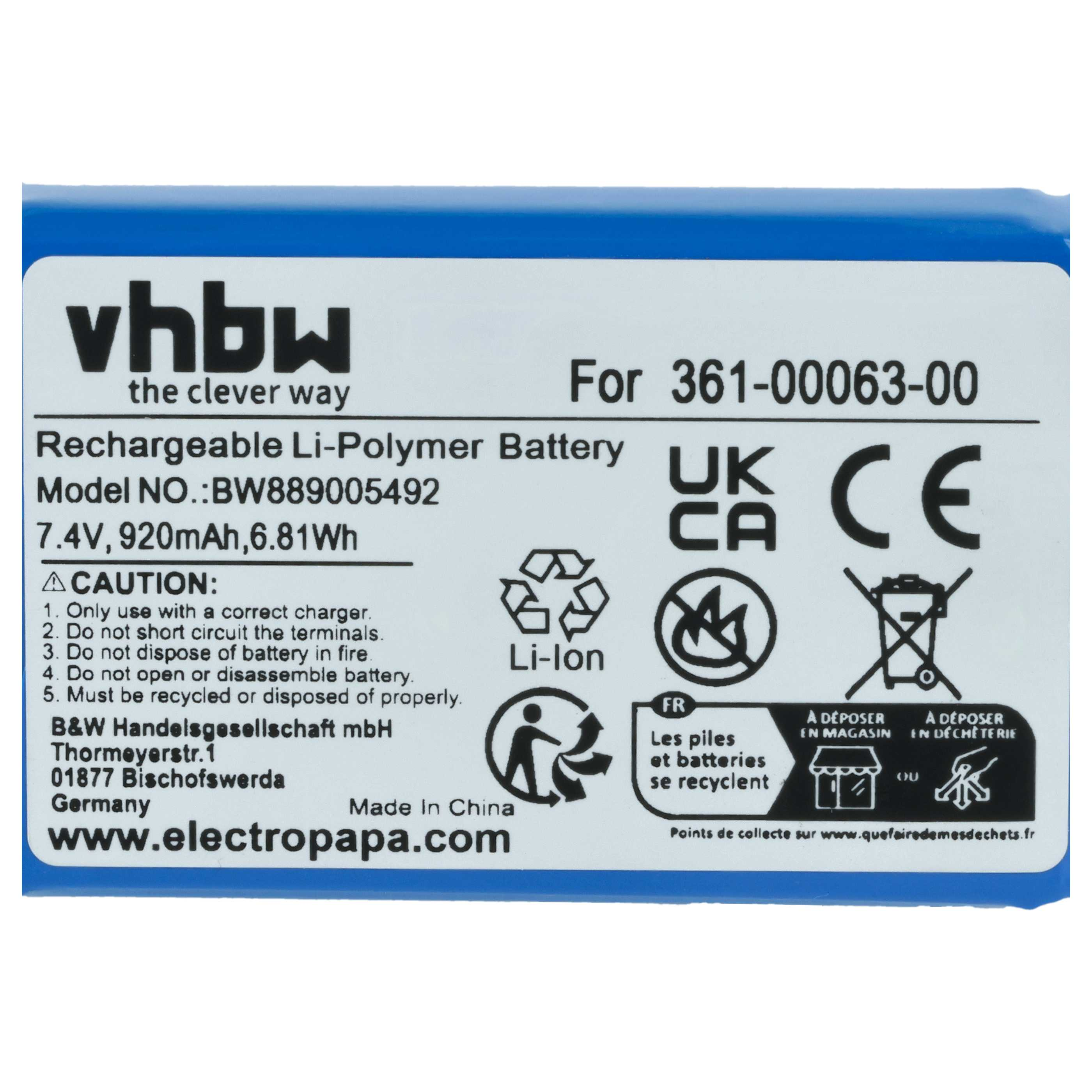 Ein blau-weißes Batterielabel mit Text. Es enthält Warnhinweise, Recycling-Symbole und Produktinformationen.
