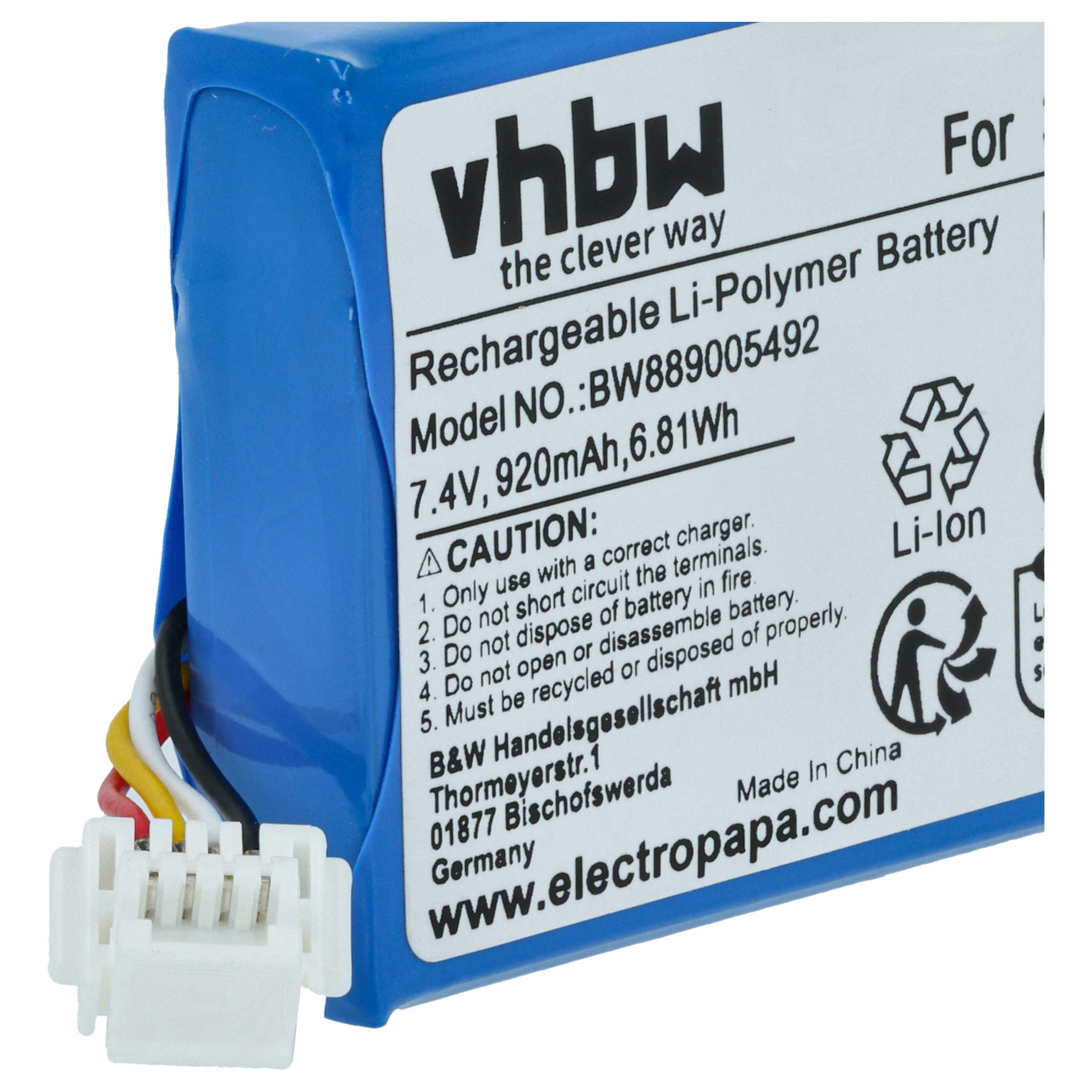 Blauer Akku mit Text, weißem Stecker und farbigen Drähten. Es hat das vhbw-Logo und Recycling-Symbole.