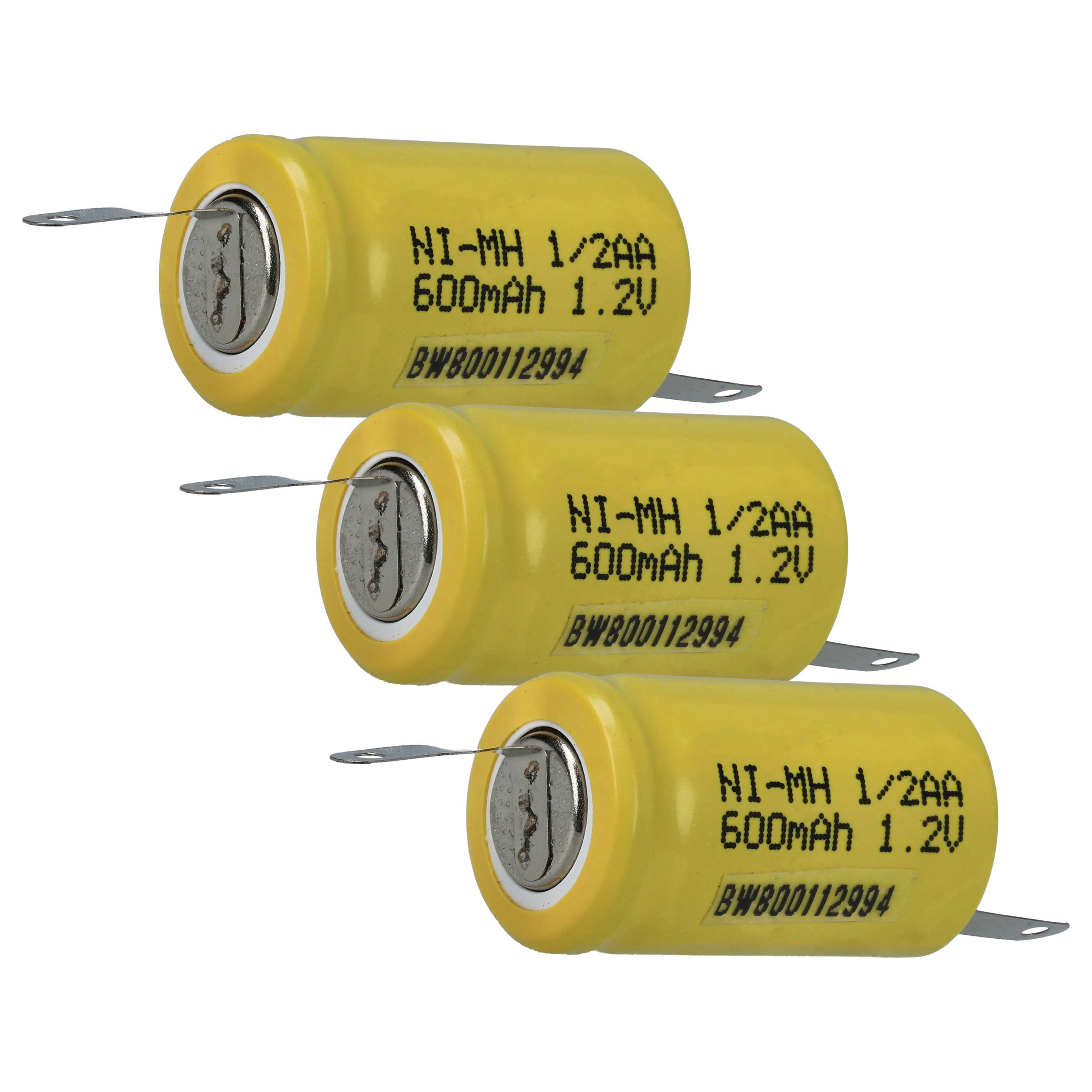 Drei gelbe Batterien mit silbernen Laschen. Jede hat den Text: NI-MH 1/2AA 600mAh 1.2V und BW800112994 auf der Seite.