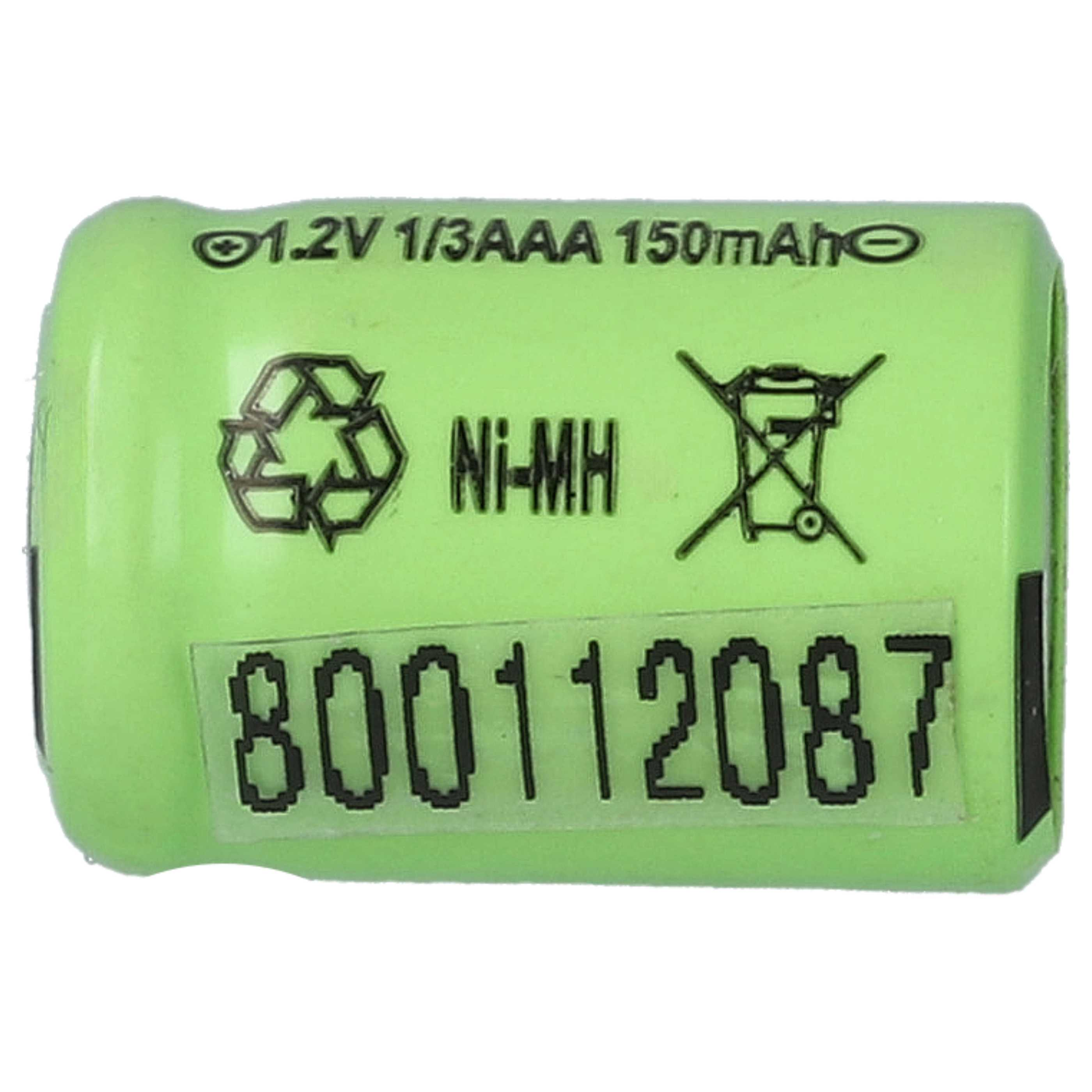 Eine grüne zylindrische Batterie mit schwarzem Text und Symbolen. Es hat ein Recycling-Symbol, Ni-MH und einen Barcode.