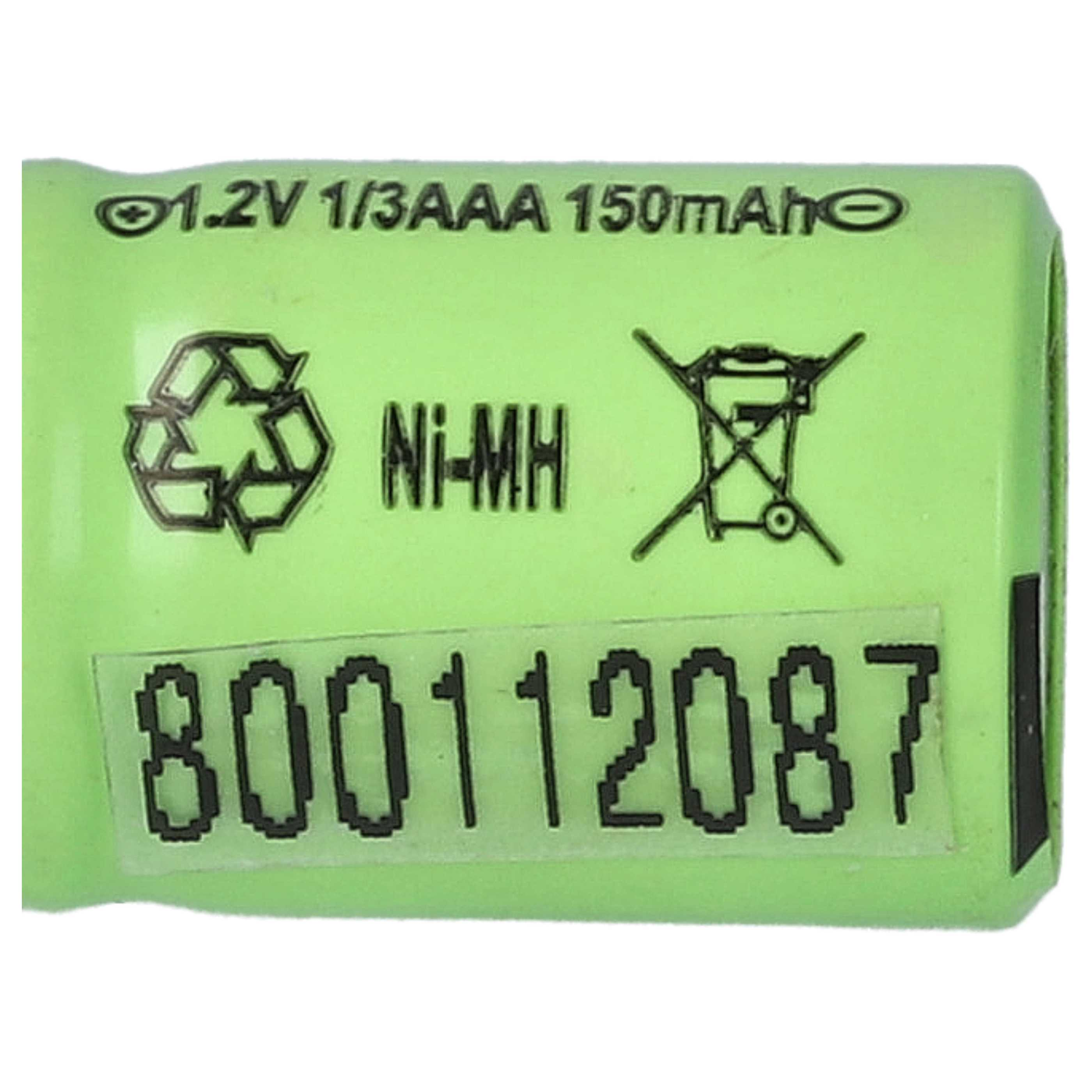 Grüne Batterie mit Text, Symbolen und Nummern. Enthält Recycling-Symbol, Ni-MH und 800112087.