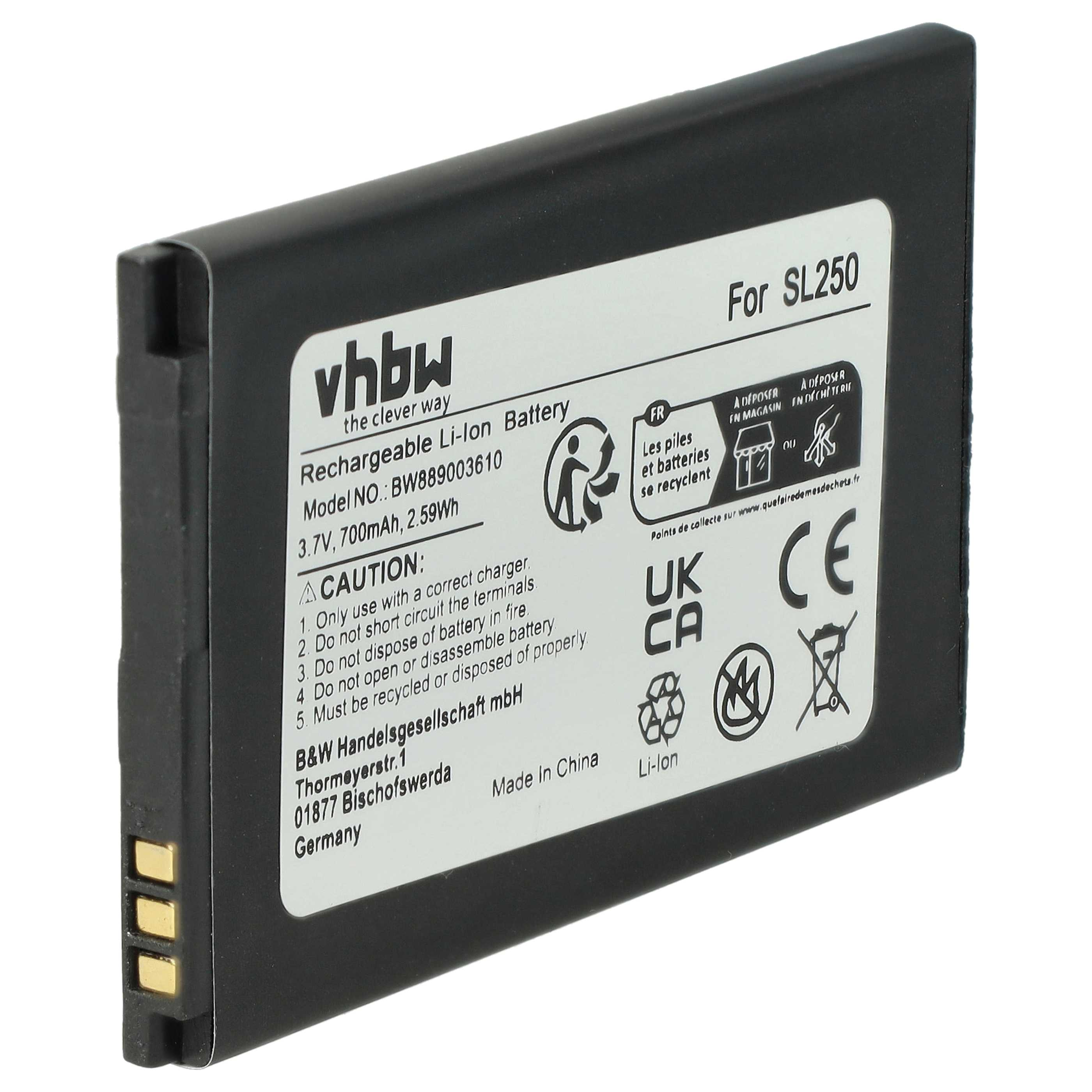 Schwarzer rechteckiger Akku mit weißen Etiketten. Text enthält 'Rechargeable Li-Ion Battery', Warnungen und Recyclingsymbole.