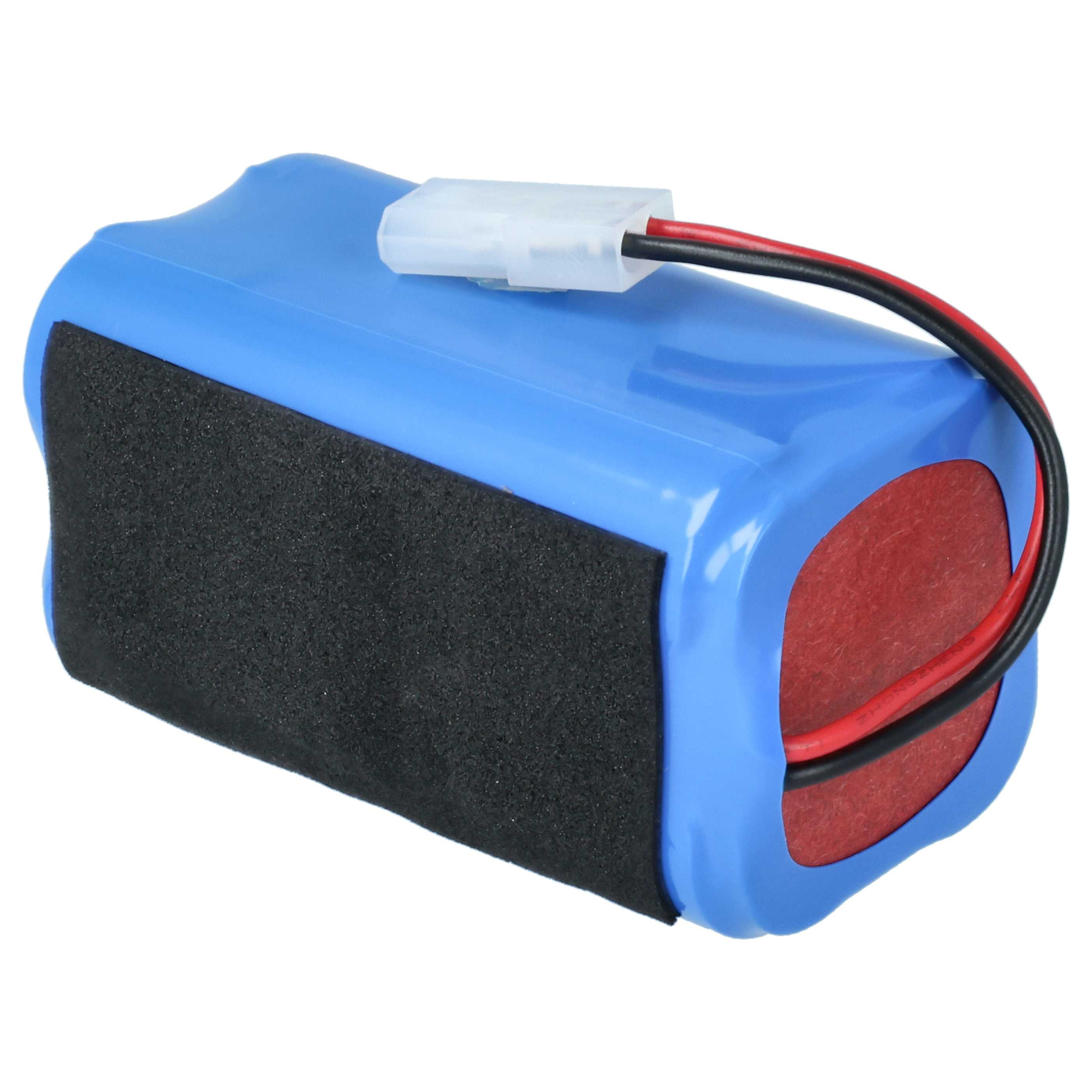 Ein blauer Akku mit schwarzer Schaumstoffpolsterung, roten und schwarzen Drähten und einem weißen Stecker.