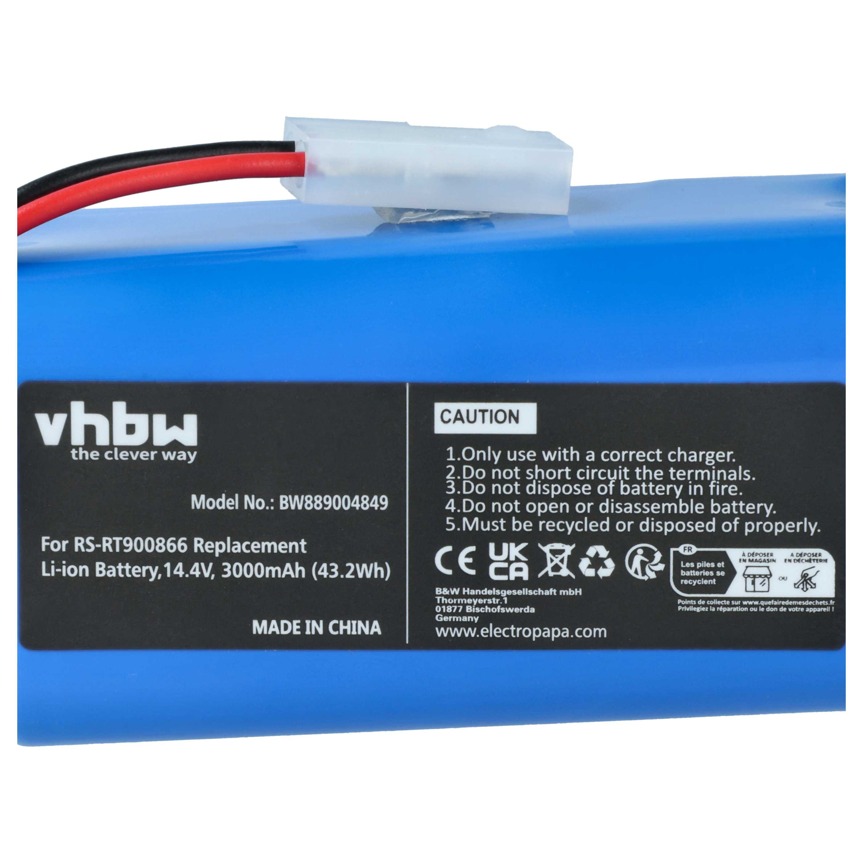 Blauer Akku mit schwarzen und roten Drähten, weißem Stecker. Text enthält 'vhbw', 'Li-Ion-Akku' und Recyclingsymbole.