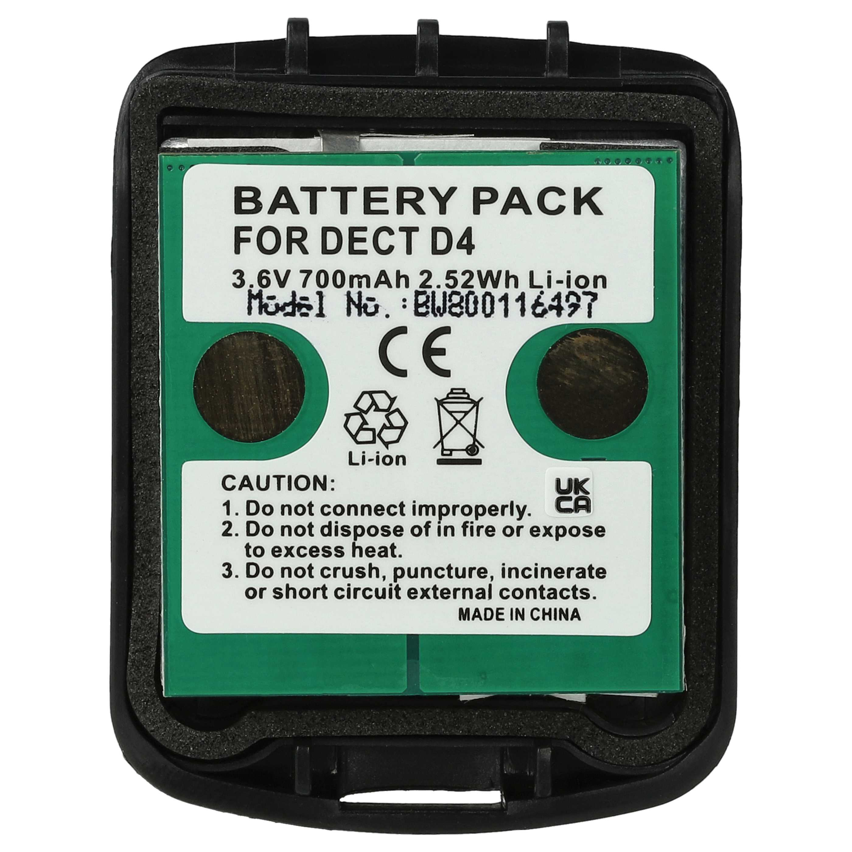 Ein Akku für DECT D4 in einem schwarzen Rahmen. Text enthält Modellnummer, Spannung und Sicherheitshinweise. Hergestellt in China.