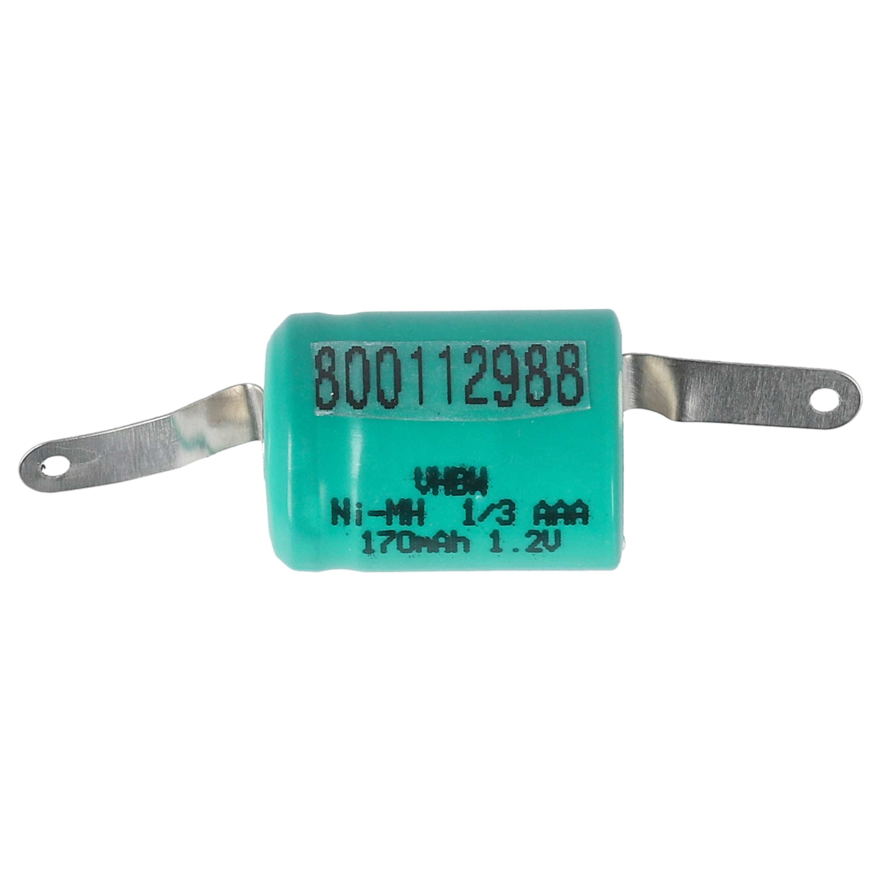 Grüne Batterie mit Metalllaschen. Es hat Text: 800112988 und Ni-MH 1/3 AAA 170mAh 1,2V.