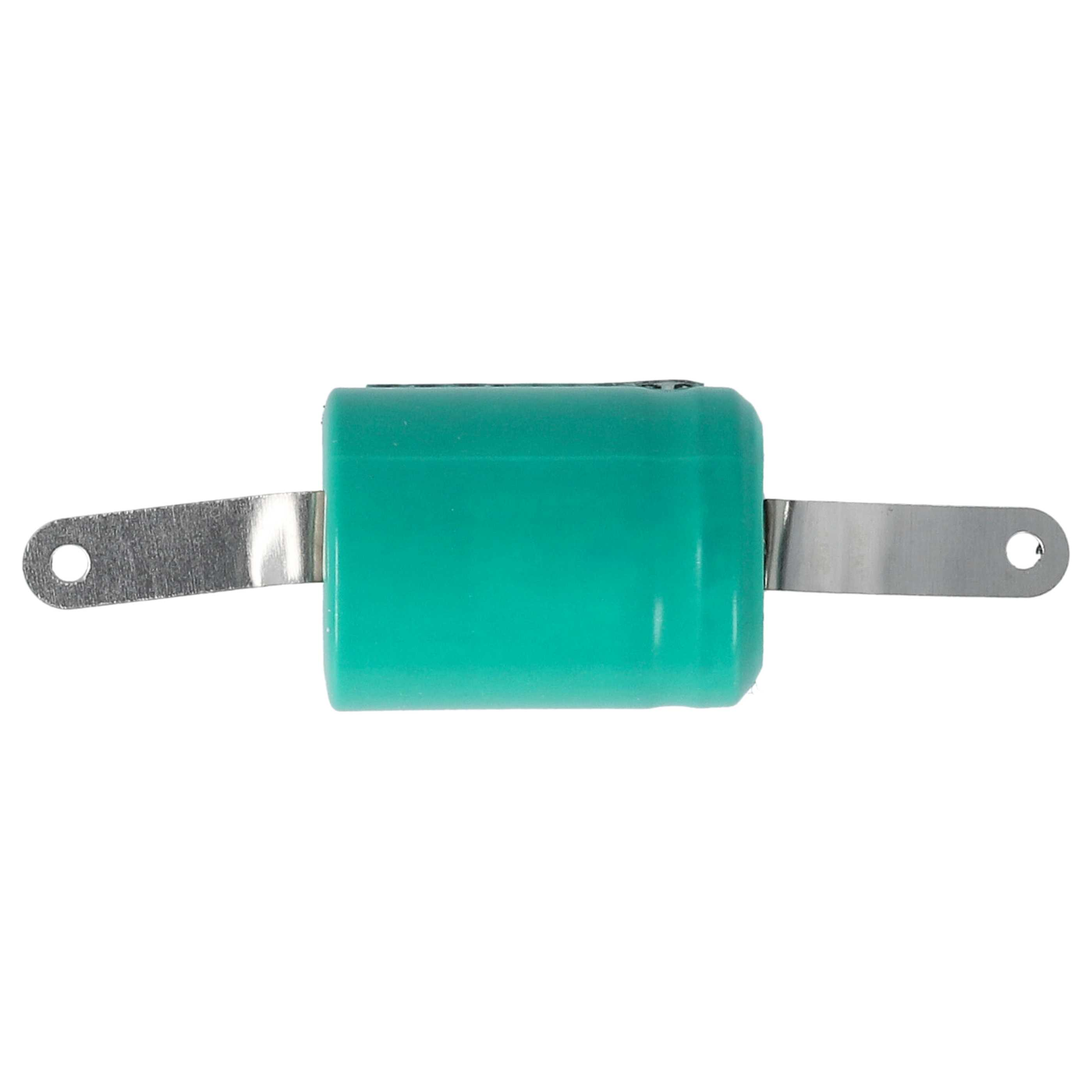Eine grüne Batterie mit Metalllaschen, eine auf jeder Seite. Die Laschen haben Löcher.
