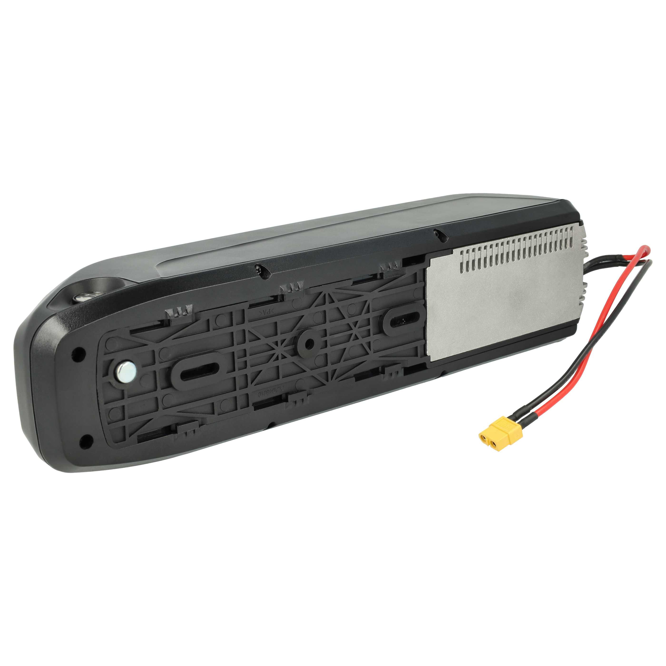 Schwarzer rechteckiger E-Bike-Akku. Er hat eine silberne Entlüftung, einen gelben Stecker und rot/schwarze Drähte.