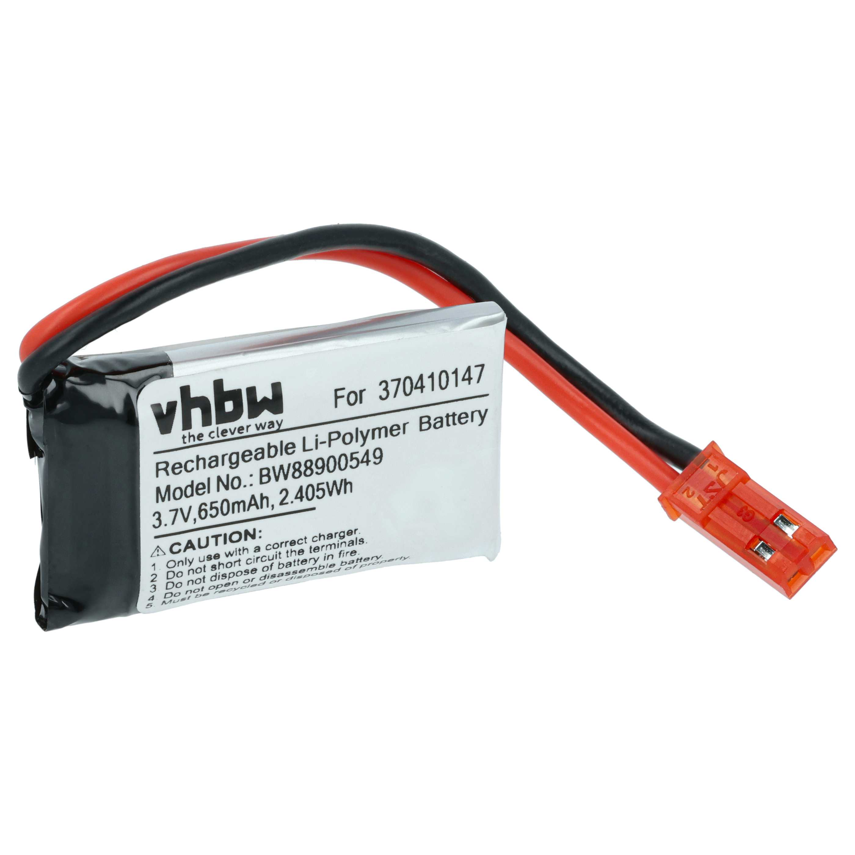Ein wiederaufladbarer Li-Polymer-Akku mit schwarzen und roten Drähten und einem orangefarbenen Stecker. Text auf dem Akku.