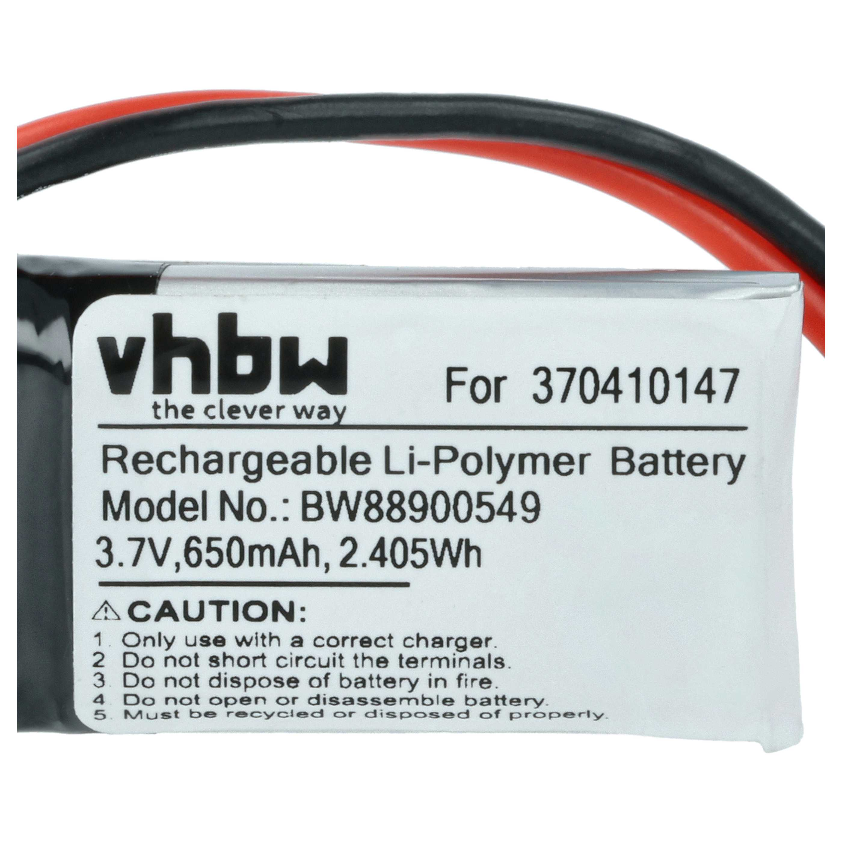 Eine Batterie mit schwarzen und roten Drähten ist abgebildet. Die Batterie hat ein weißes Etikett mit Text und einem Vorsichtsbereich.
