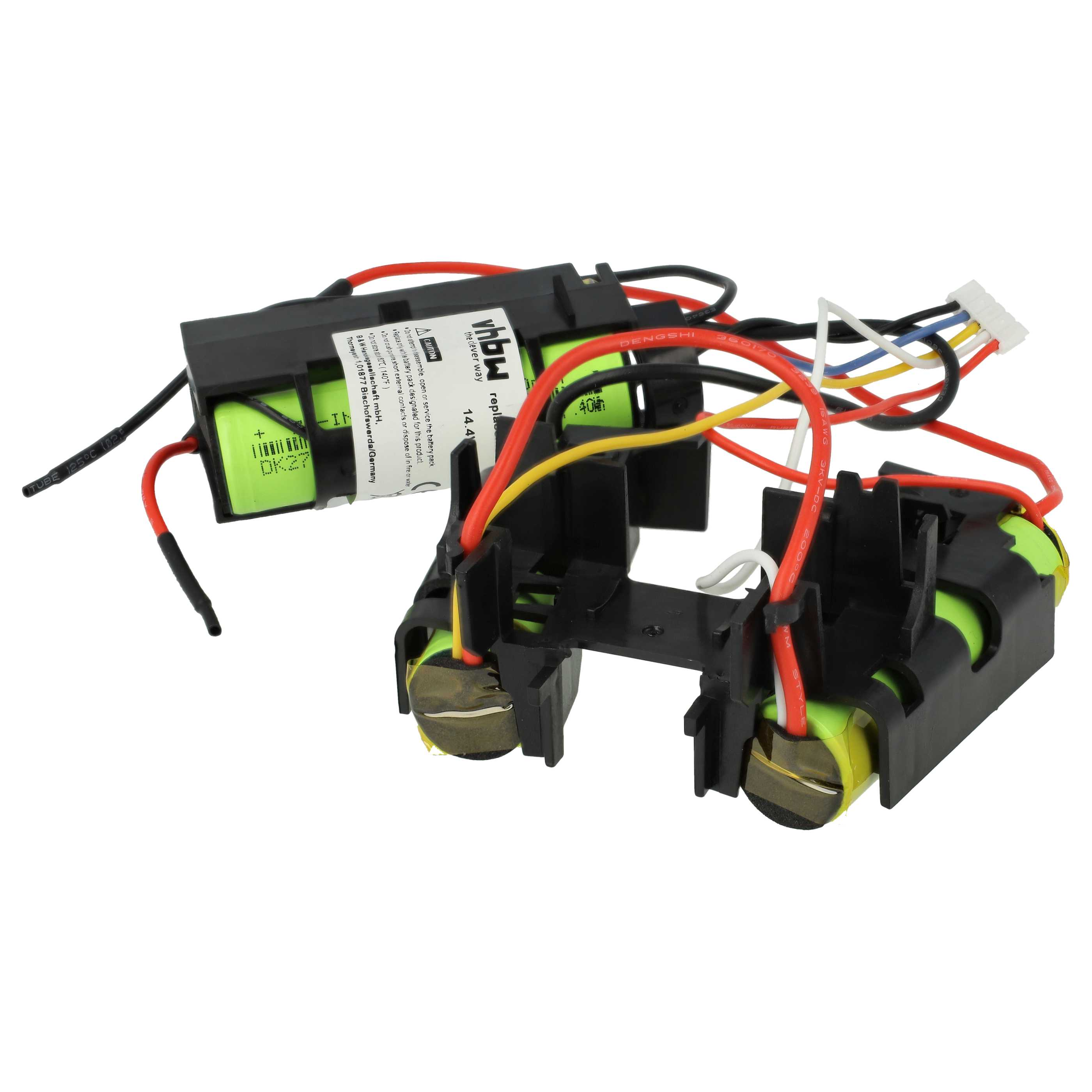 Ein Akkupack mit schwarzem Gehäuse, grünen Batterien und roten, gelben, schwarzen und weißen Drähten. Ein Etikett ist sichtbar.