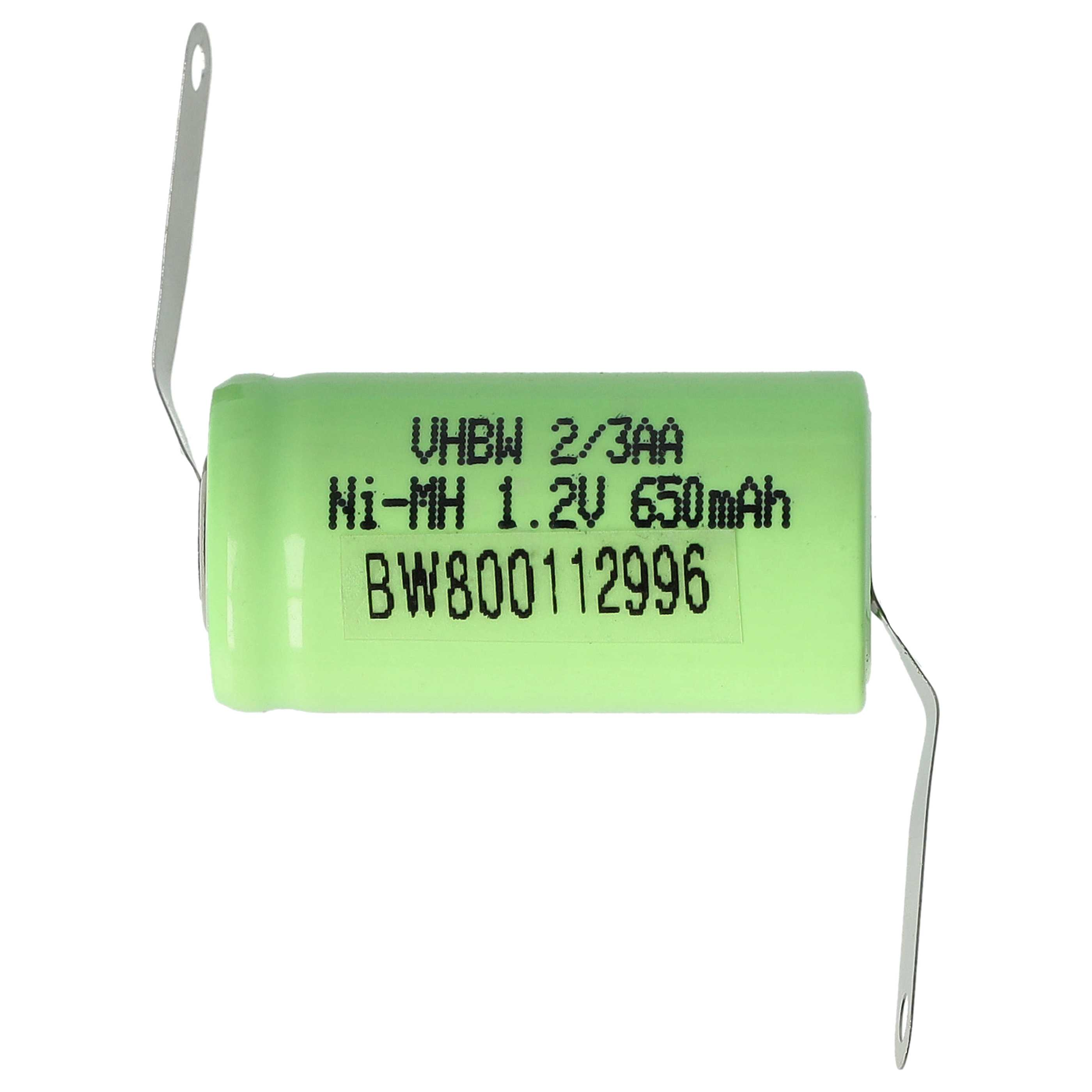 Eine grüne Batterie mit Text. Sie hat Metalllaschen. Der Text enthält 'Ni-MH 1,2V 650mAh' und 'BW800112996'.