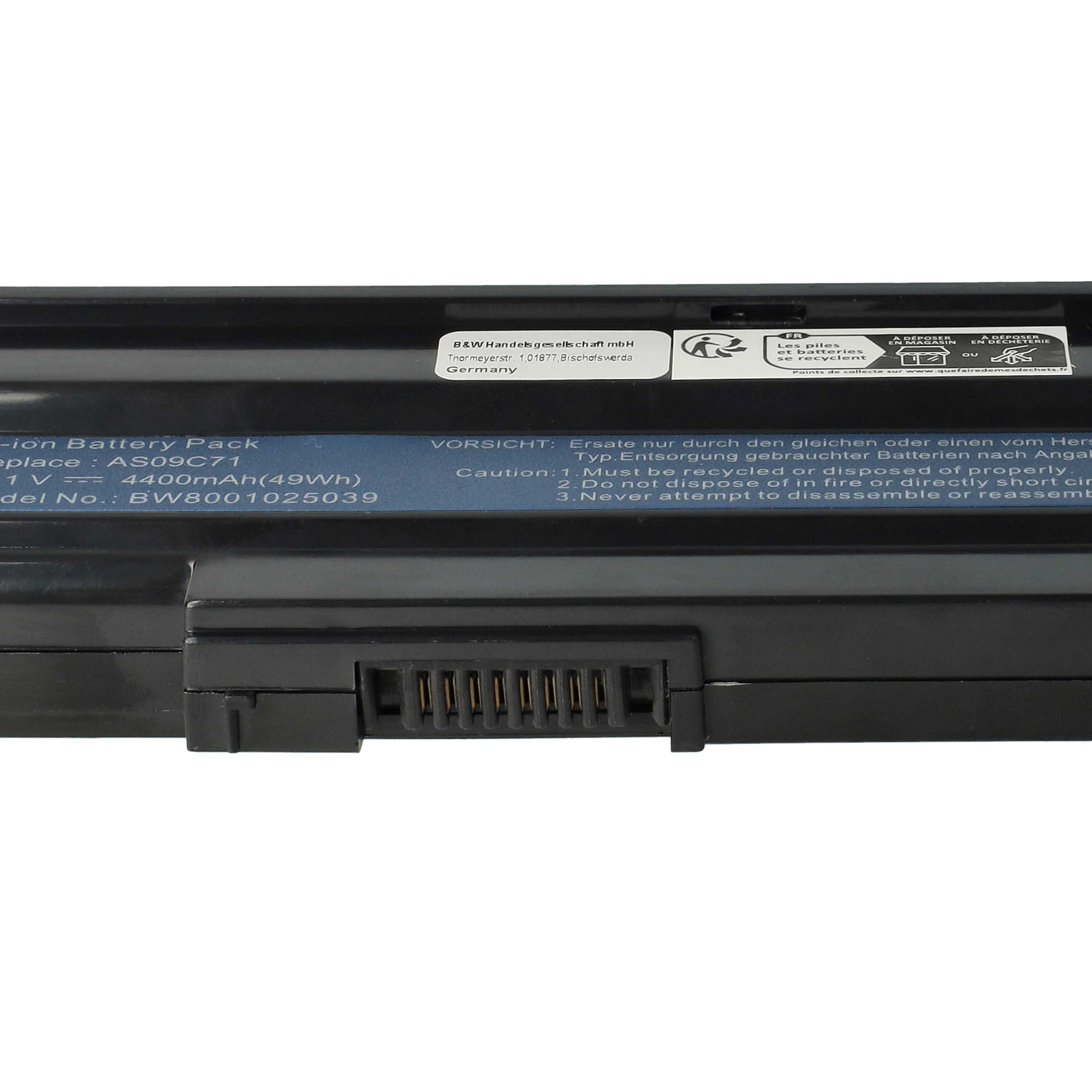 Schwarzer Laptop-Akku mit Etiketten. Text enthält Batteriespezifikationen und Recycling-Informationen.