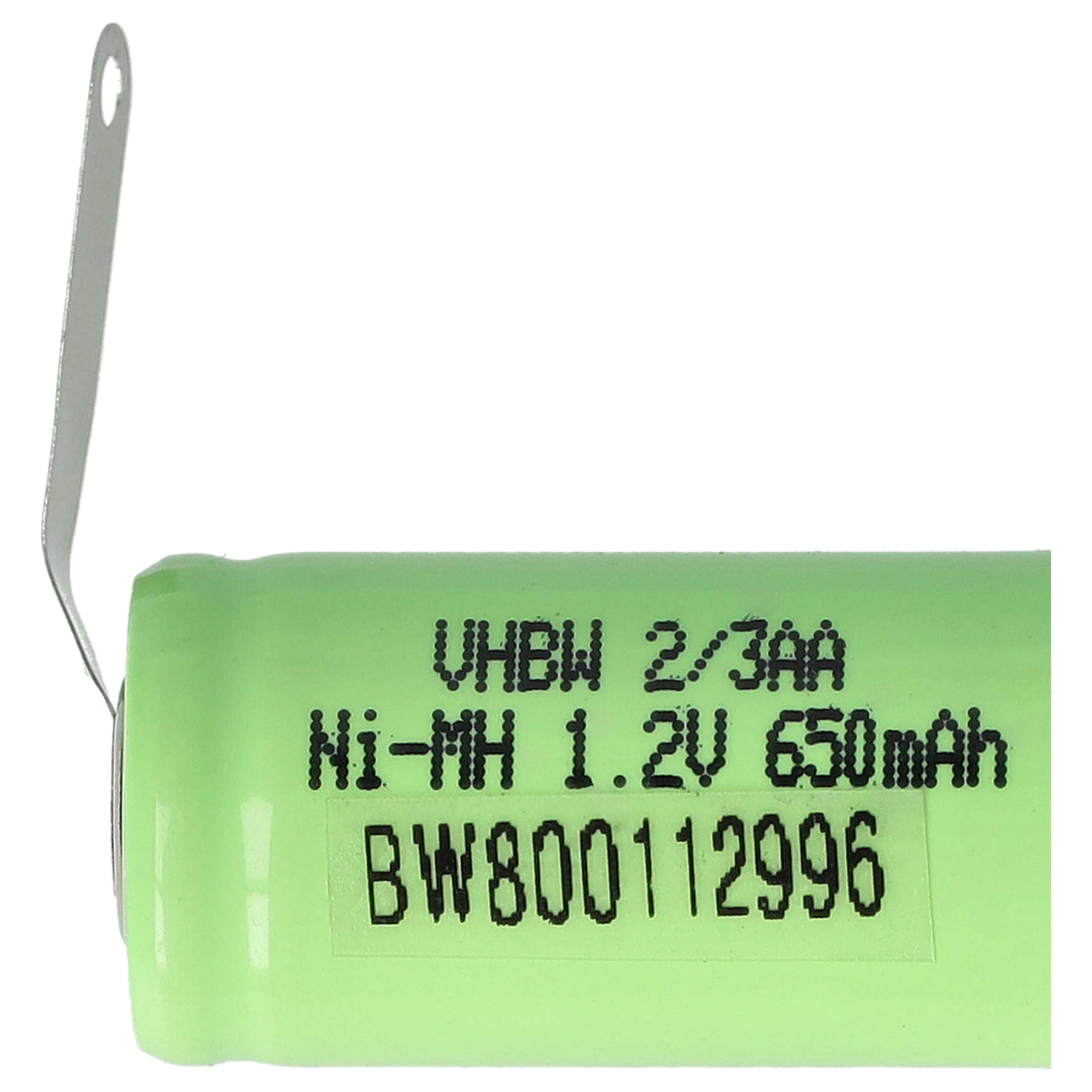 Eine grüne Batterie mit Text wie 'Ni-MH 1.2V 650mAh'. Ein Metallstreifen erstreckt sich von oben.